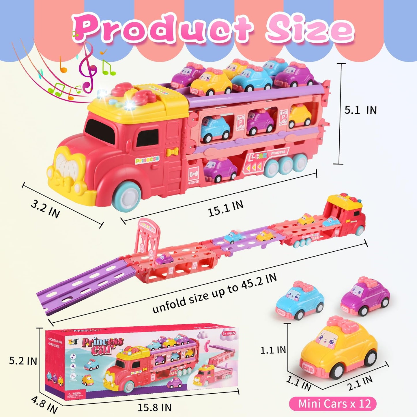 aruemp 12 in 1 Princess Carrier Truck with Girls Car Toys, 2-Player Race Mode Friction Power Toy Cars with Light & Music for 3 Year Old Girls Birthday Gifts