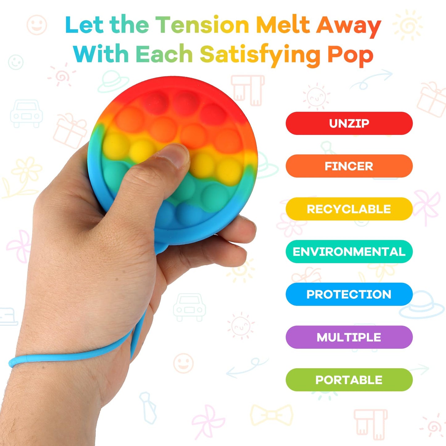 Instant Rebound Fidget Toy with Wrist Strap, No Flip Push Pop Sensory Toy, Continuous Press Bubble Toy for Kids and Adults, Silicone Stress Relief Toy, Keychain Fidget for Travel and School (Rainbow)