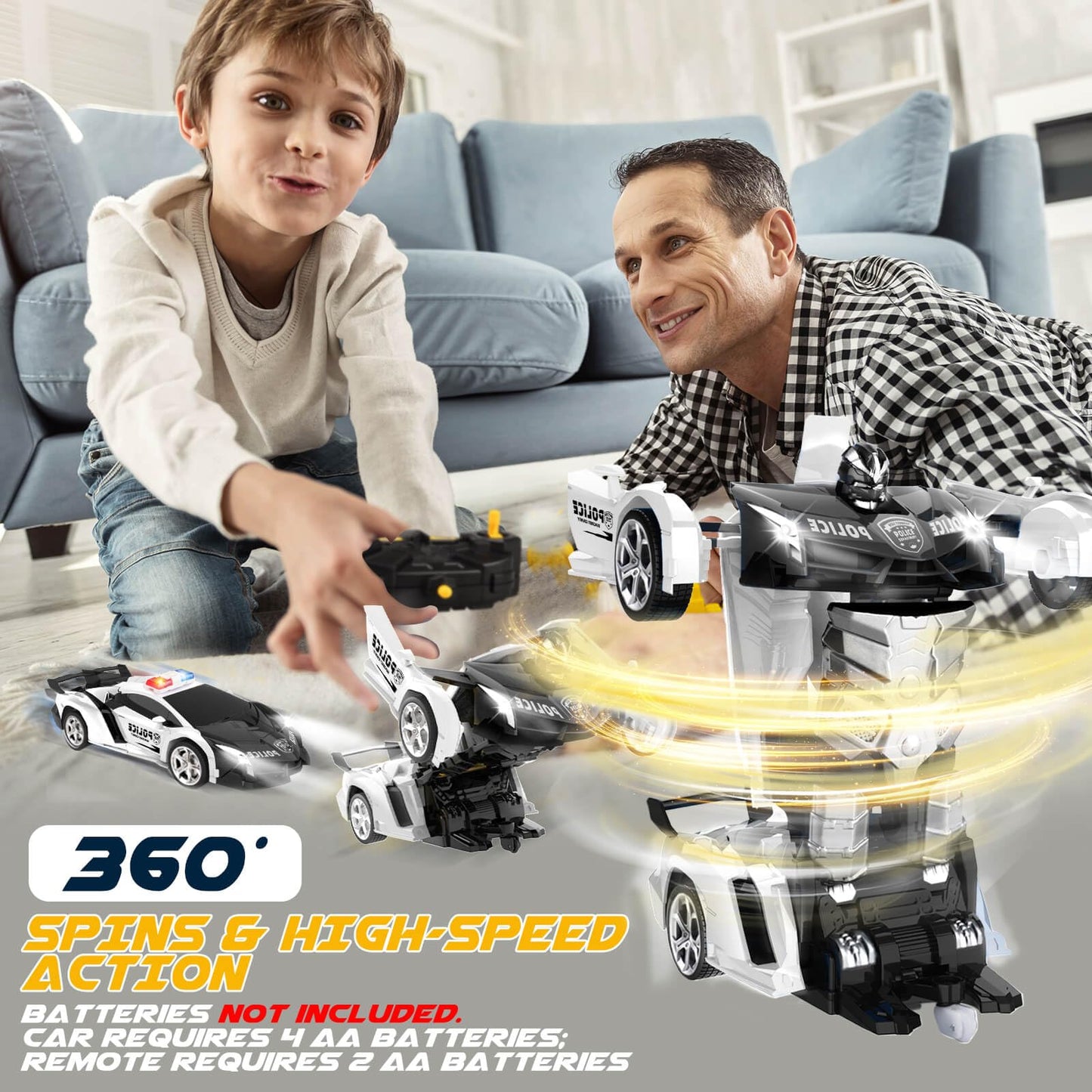 Dolanus Remote Control Police Car - RC Car Transform Robot, Flashing Light, 2.4Ghz, 360 Degree Rotating, Toys for Ages 5-7, Kids Toys, Birthday Gifts for 3 4 5 6 7 8 10 12 Years Old Boy (Black)