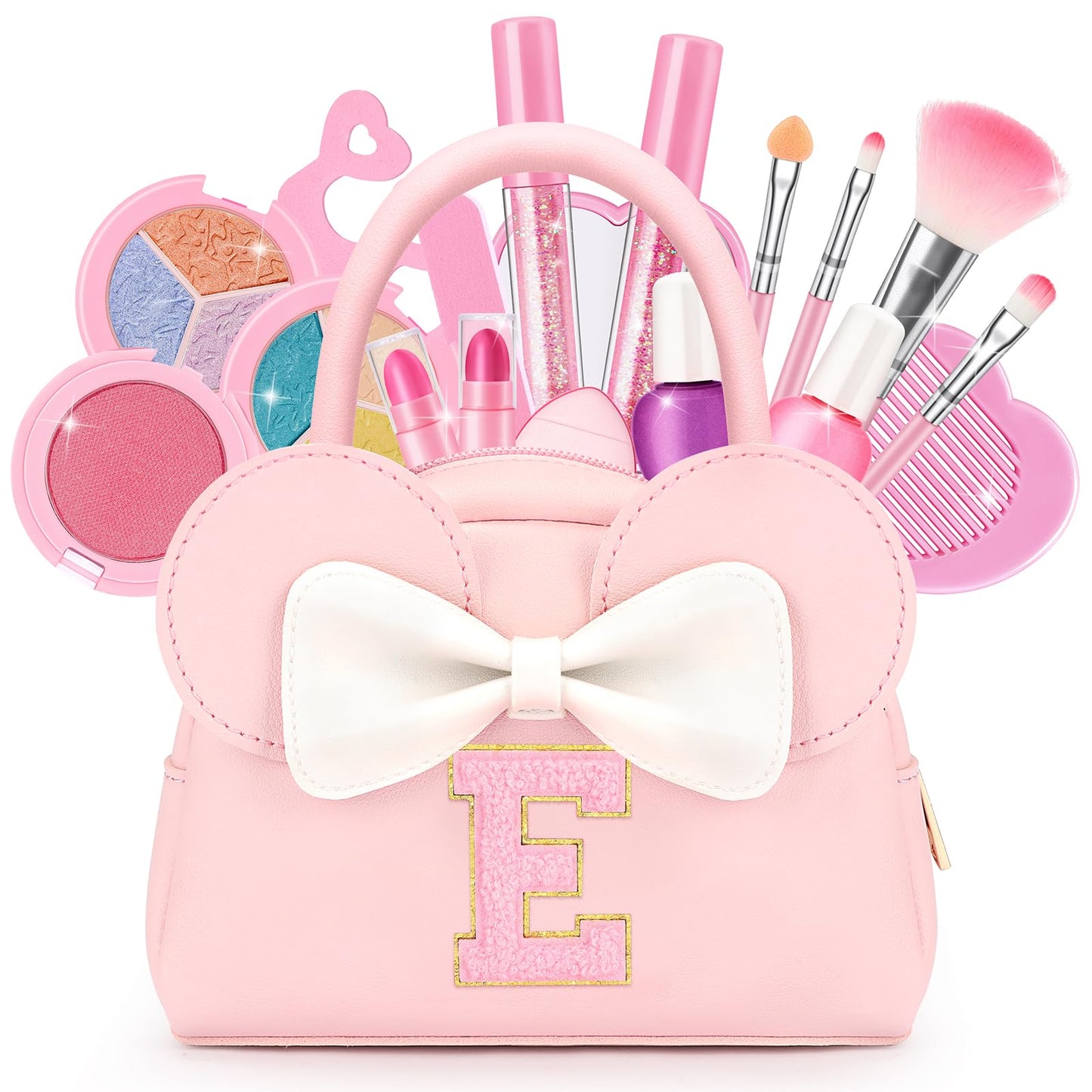 Kids Real Makeup Kit for Girls - 18Pcs Non-Toxic Washable Make Up Toys with Initial Toddler Purse - Personalized Birthday Gifts for Age 3 4 5 6 7 8 9 10 Years Old Girls Vanity Set - E