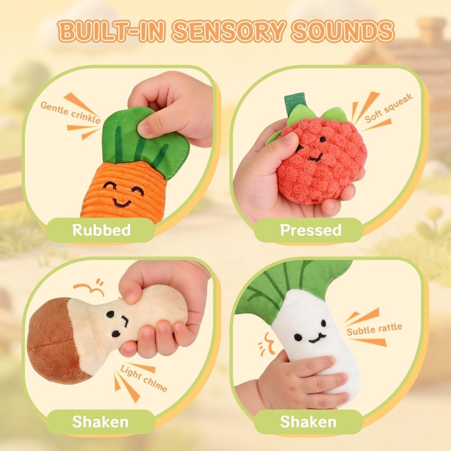 Baby Sensory Toys Plush Fruits and Vegetables, Plush Farm Developmental Toys 6-12 Months for Toddlers with Crinkle Rattle Squeaker Textures, 9 PCS Pull Out Fine Motor Skill Toddler Learning Toys