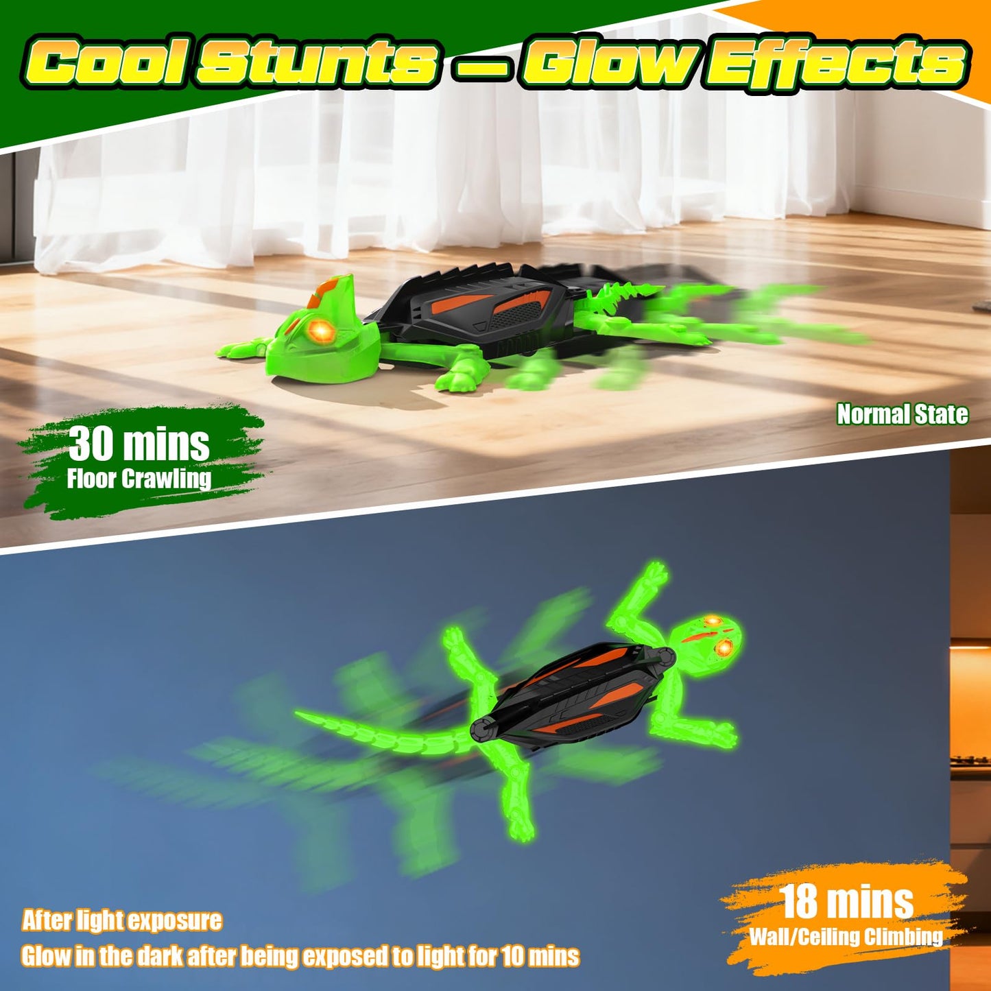 Glow-in-The-Dark Wall-Climbing Gecko Toy, Rechargeable Remote Control Lizard with LED Eyes, Lizard Wall Crawler, 360° Rotating & Dual-Surface Crawler for Floor and Wall,Gift for Kids Ages 3+,Birthday