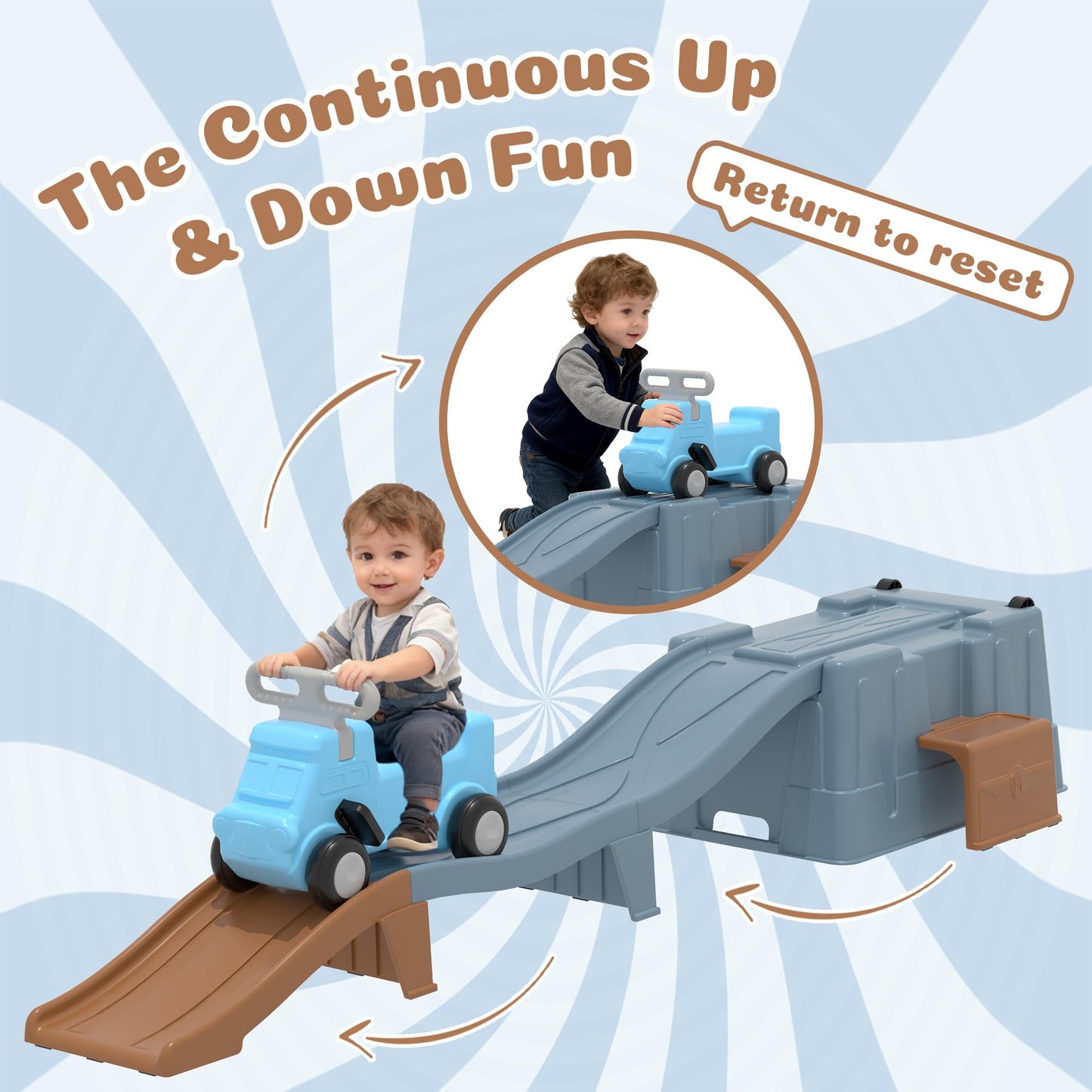 HAPPYMATY Up & Down Roller Coaster，Kids Ride On Toy，Toddler Push Car with Assembled Race Track & Storage Base Box, Indoor Outdoor Playset