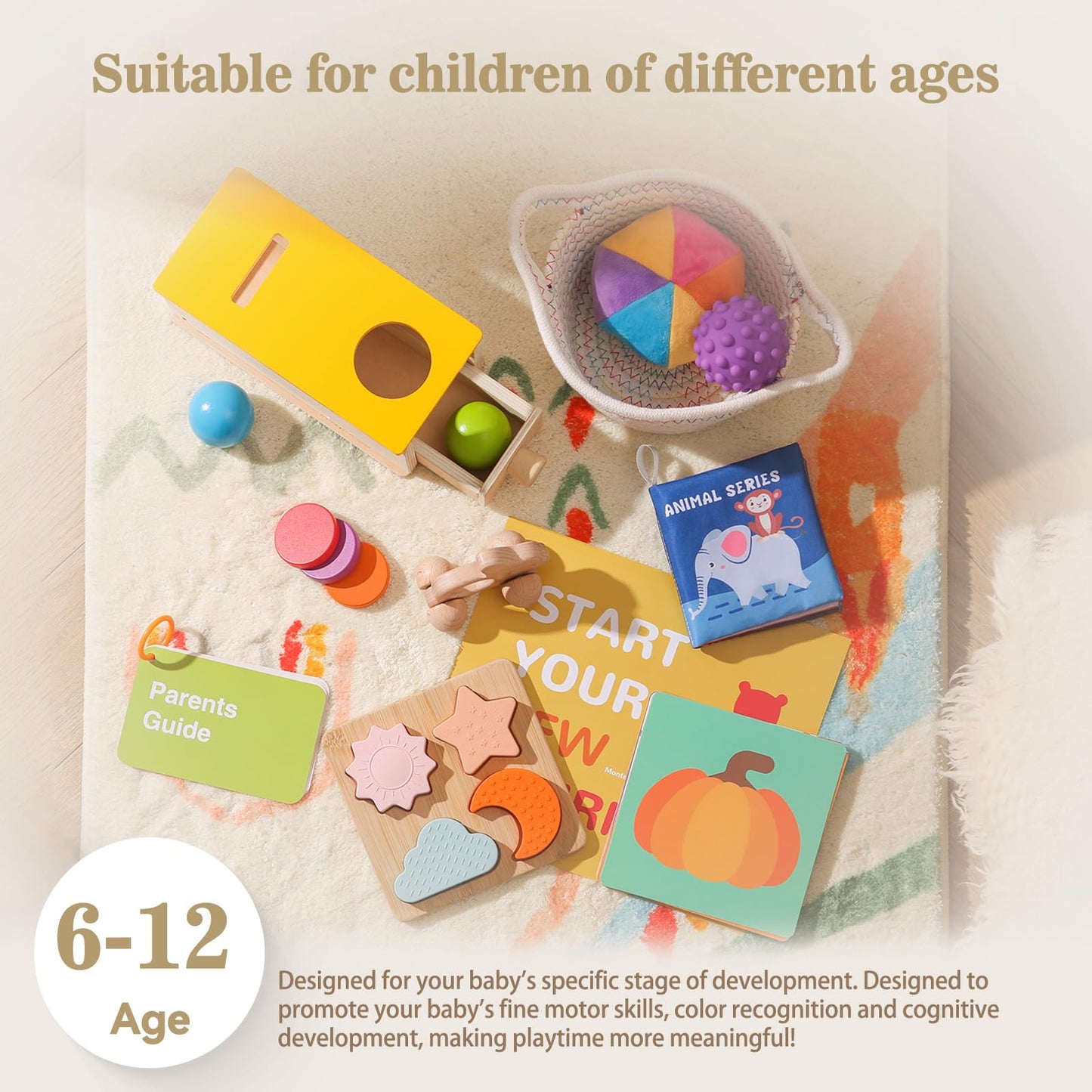 Montessori Toys for Babies 6-12 Months 6 in 1 Learning Educational Toys Set Wooden Toys Play Kit Includes Object Permanence Box, Touch & Match Board, Sensory Ball & Treasure Basket, Soft Baby Book