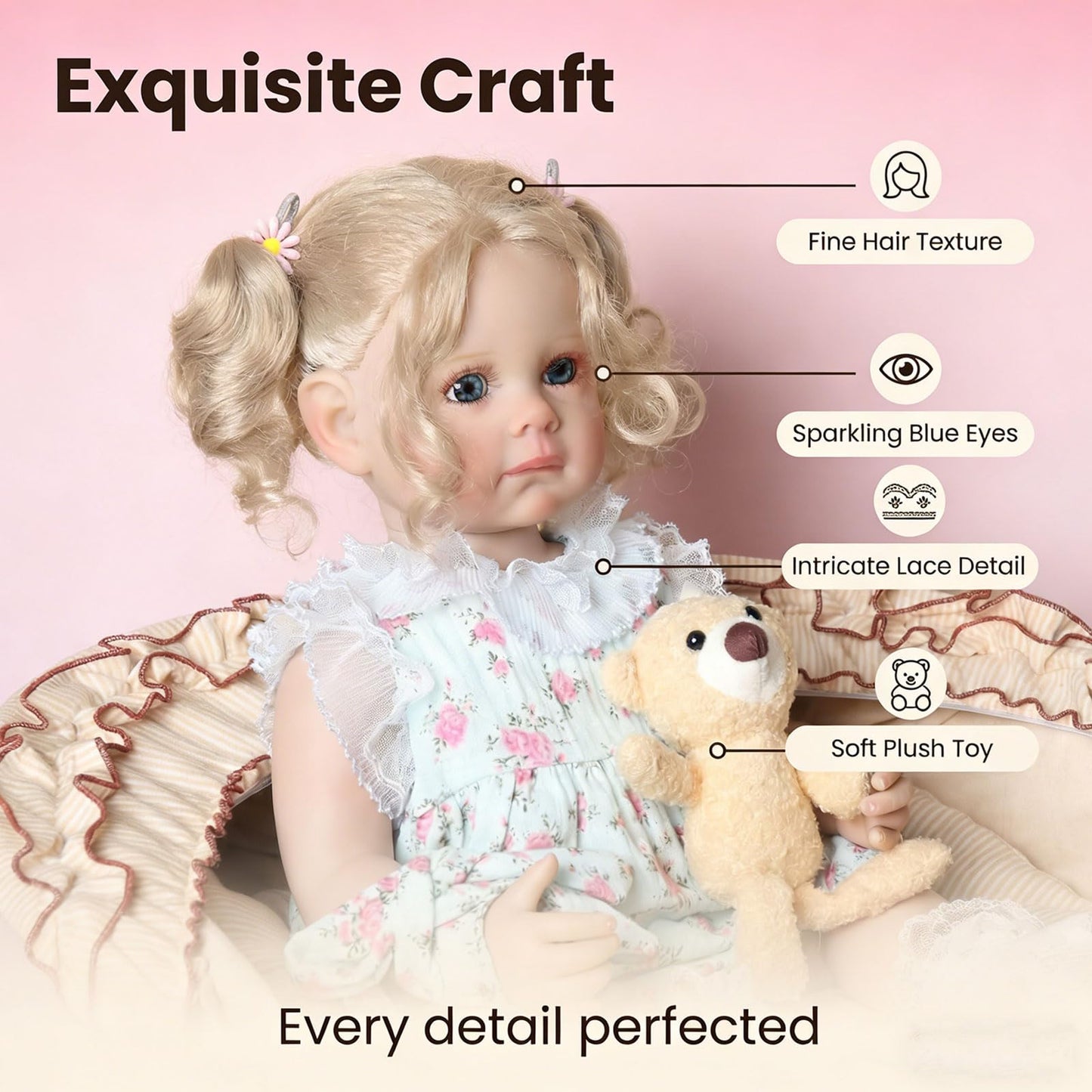 Tookyhill Lifelike Reborn Baby Doll - 22 Inch Realistic Blonde Toddler Doll with Curly Hair, Blue Eyes & Soft Plush Bear, BPA-Free Poseable Full Body Vinyl Real Life Doll for 3+ Kids Pretend Play