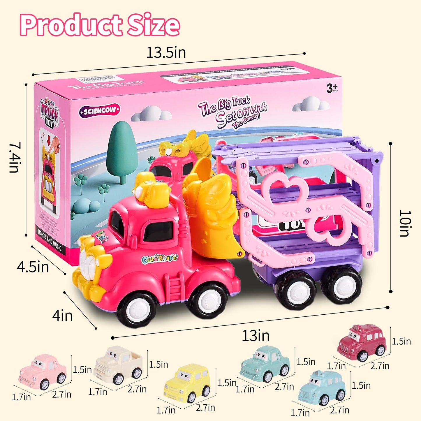Sciencow Toddler Girls Cars for 1 2 3 4 5 Year Old,7-in-1 Pink Princess Foldable Transport Carrier Trucks with Lights and Music,Birthday Presents for 1-3 3-5 Yrs Old Babys