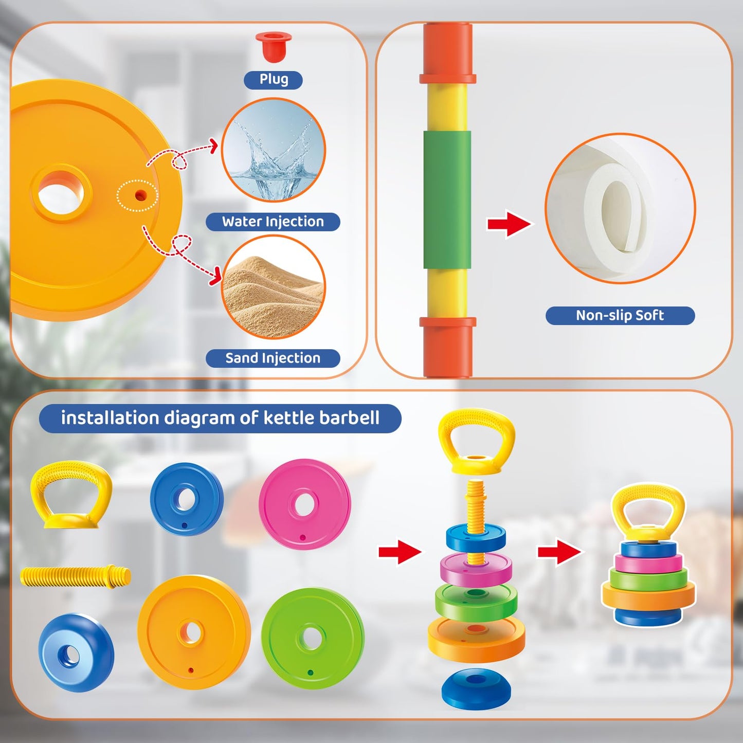 6-in-1 Kids Weight Set- Dumbbell, Barbell, Kettlebell, Ring. Adjustable Workout Equipment Toy for Children Pretend Kids Exercise Equipment, Toddler Weights Gym Workout Bench Set Gift for Baby Boy Girl