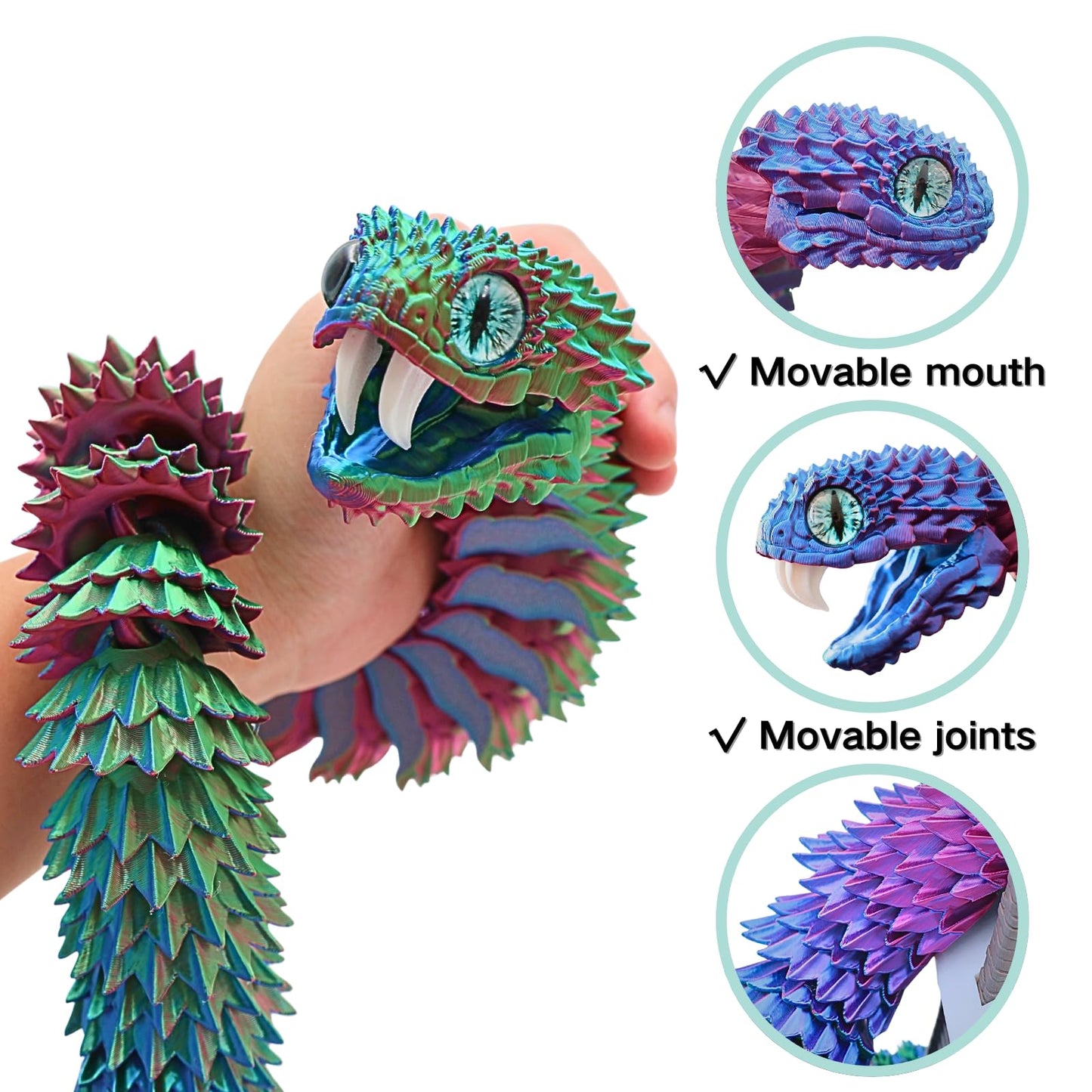 Dpcirk 35.5-inch Oversized 3D Printed Snake Model with Movable Teeth and Flexible Joints, Reptile Animal Figurine, Stress Relief, Surprising and Magical Gift (35.5in Red Blue Yellow)