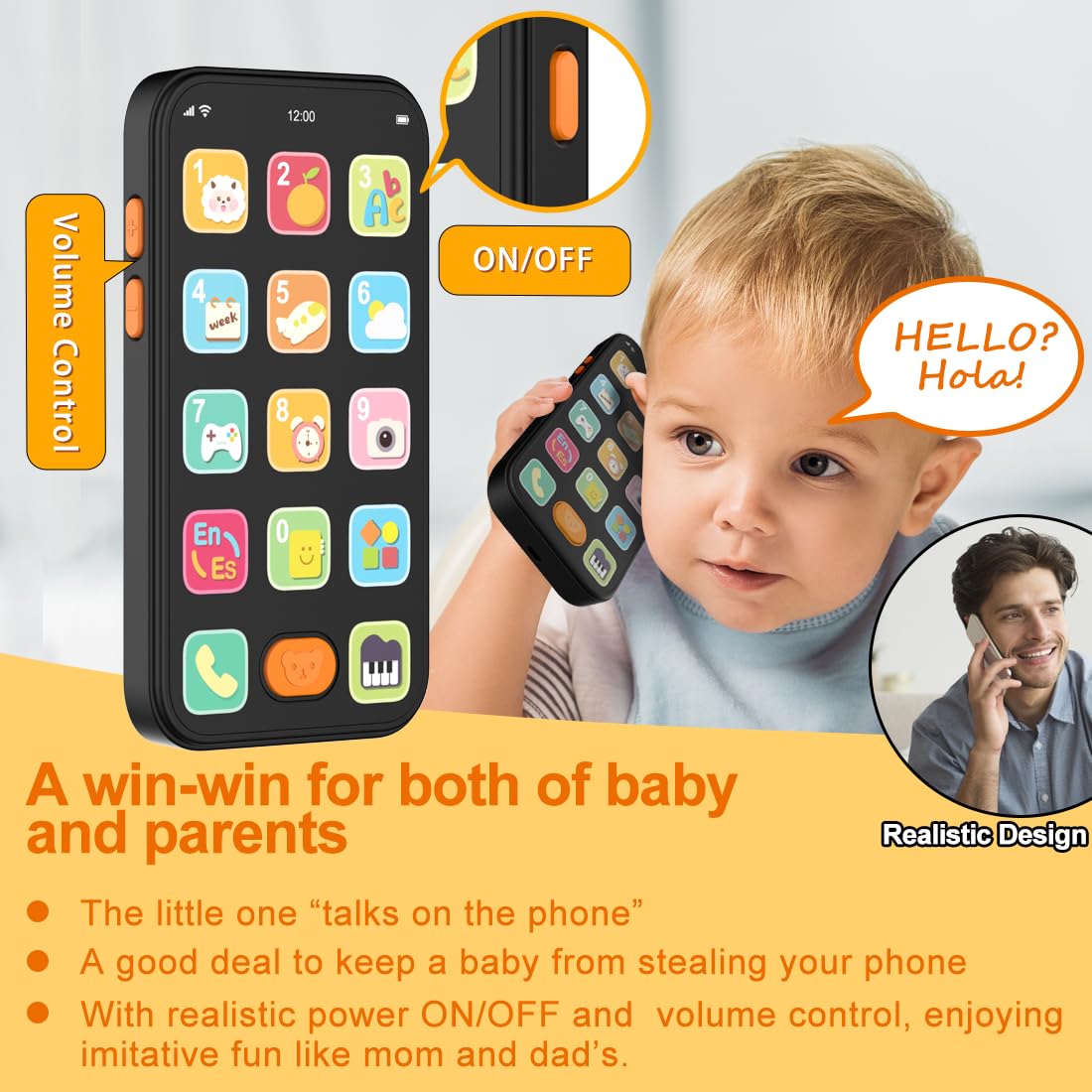 Bilingual Baby Phone Toy Phone for Toddler 1-3, Fun Early Learning Musical Baby Toys for 6-12 Months with Sounds and Light, English/Spanish, Gift for 1 Year Old Boys Girls Kids Infant, Black