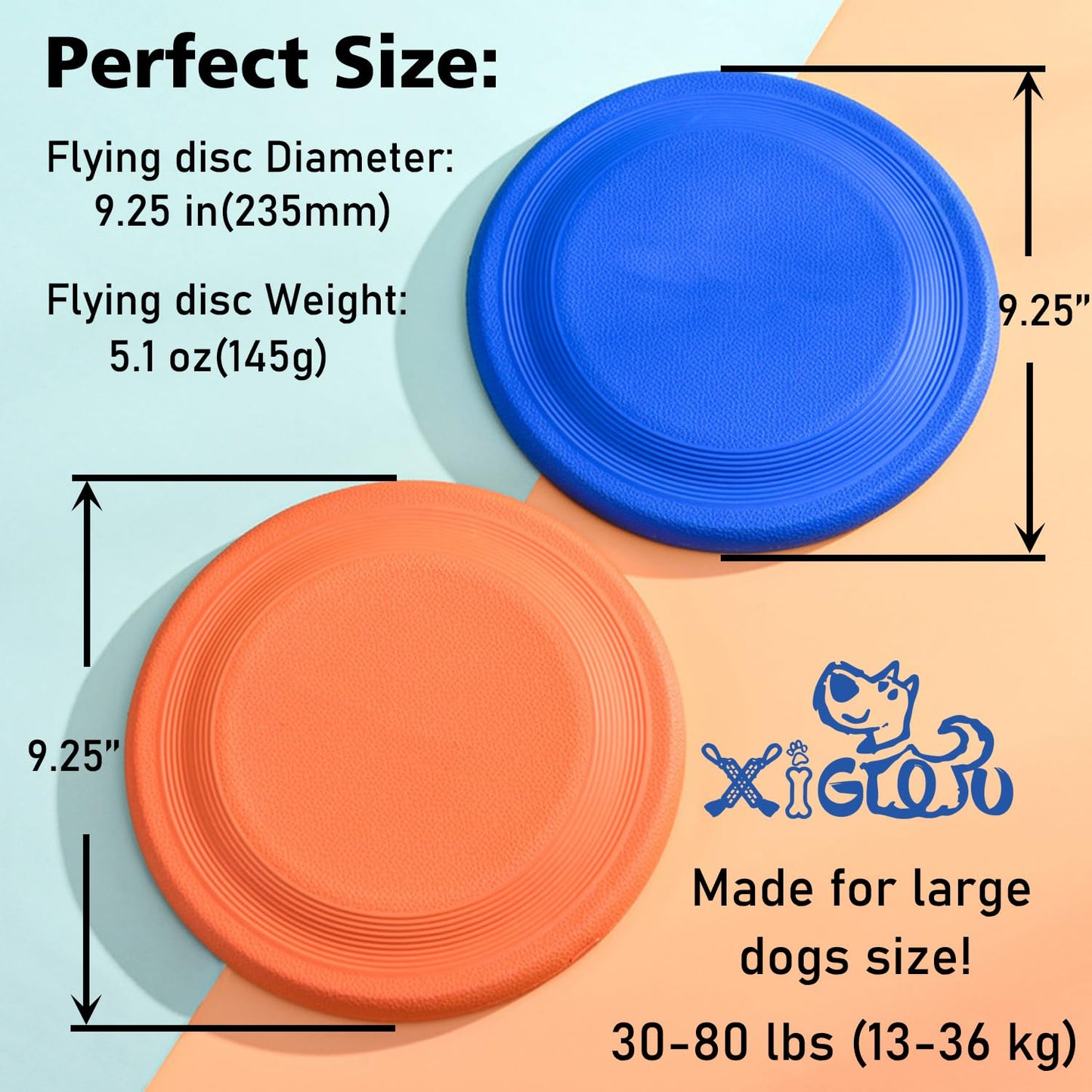 XIGOU Dog Flying Disc (2 Pack) - Durable Rubber Flying Disc Dog Toy - 9.25" Indestructible Rubber Dog Fetch Toy - Puncture Resistant & Bite Resistant Extremely - for Medium Large Dogs