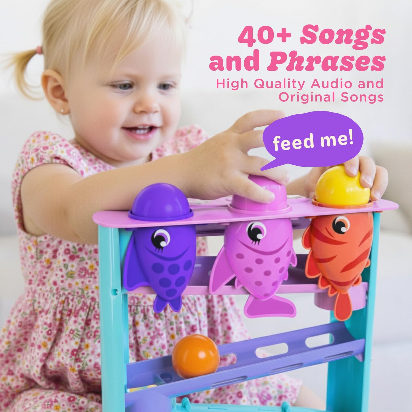Move2Play, Feed The Fish | 30+ Fin-Tastic Songs & Phrases | Baby & Toddler Musical Toy | First Birthday Present for 1+ Year Old | Ages 6-24 Months | Boy & Girl Ball Drop Toy