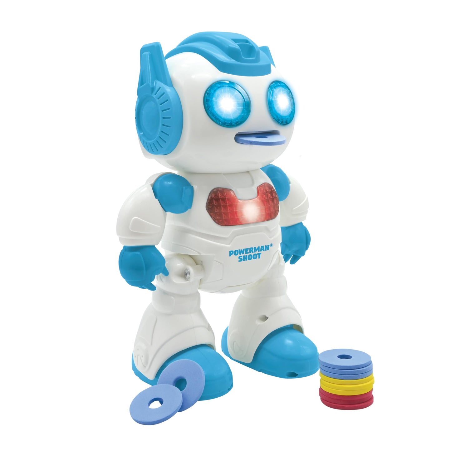 LEXiBOOK, Powerman Shoot - My First Throwing-disc Robot, Programmable Remote Control Robot, Plays Music and Dances, Sound and Light Effects, 12 Foam Discs, ROB17