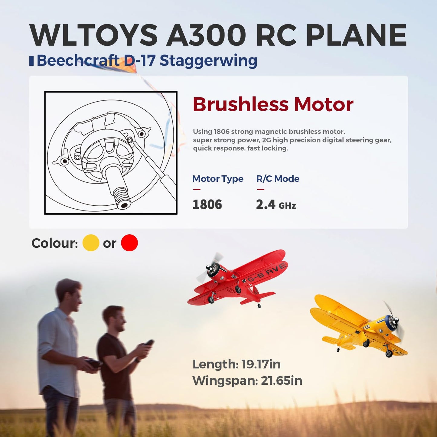 CKYSCHN WLtoys A300 4-Ch RC Plane, Beechcraft D-17 RC Airplanes with Lights, 6G/3D Brushless RC Planes with 2 Batteries, 2.4G Remote Control RC Airplanes Gifts for Adults