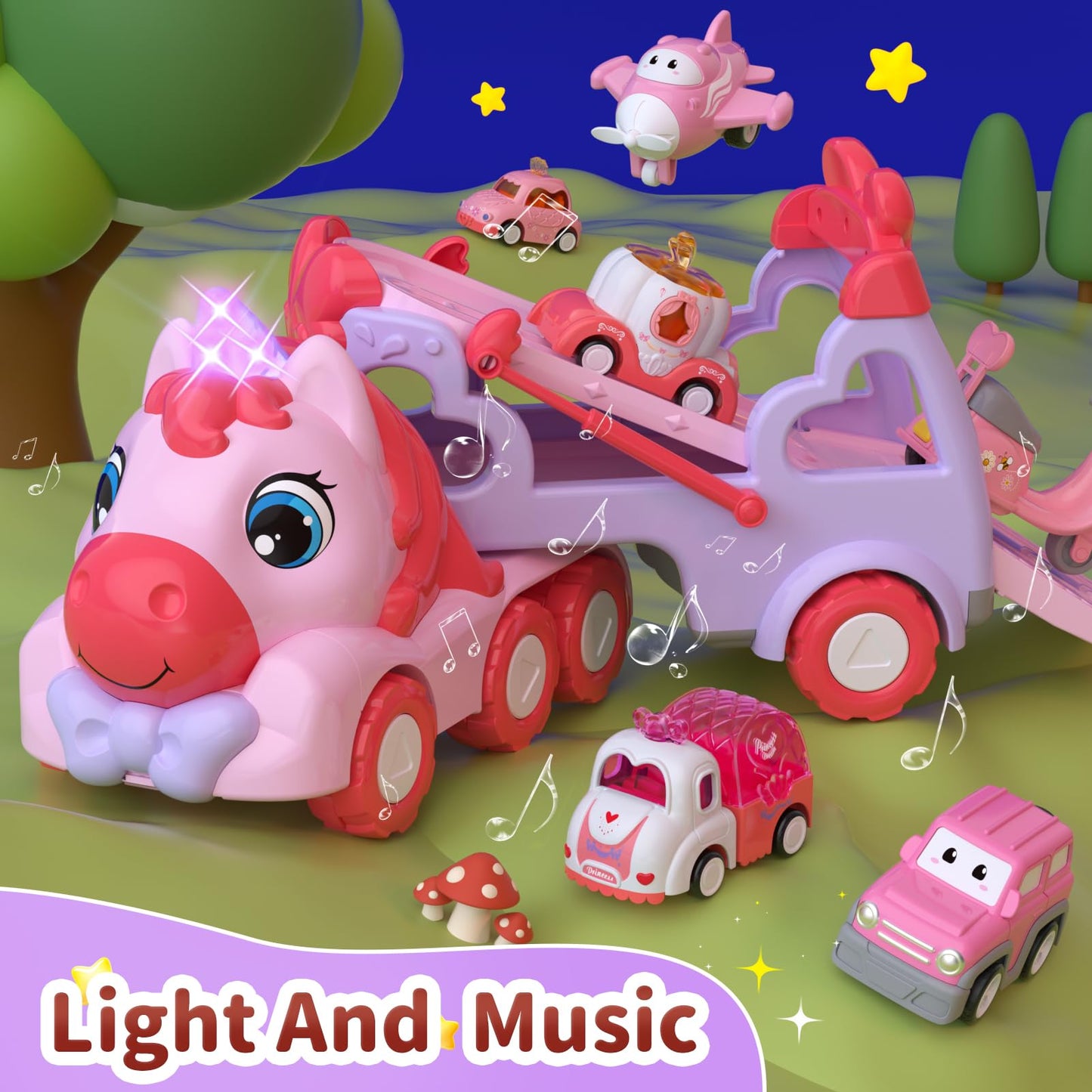 usrela Toys for 2 3 Year Old Girl Truck, 7-in-1 Girl Carrier Truck Car with Light & Sound, Toddler Girl Car Toys Age 2-4, Cars for 2+ 3+ Year Old Girls Birthday
