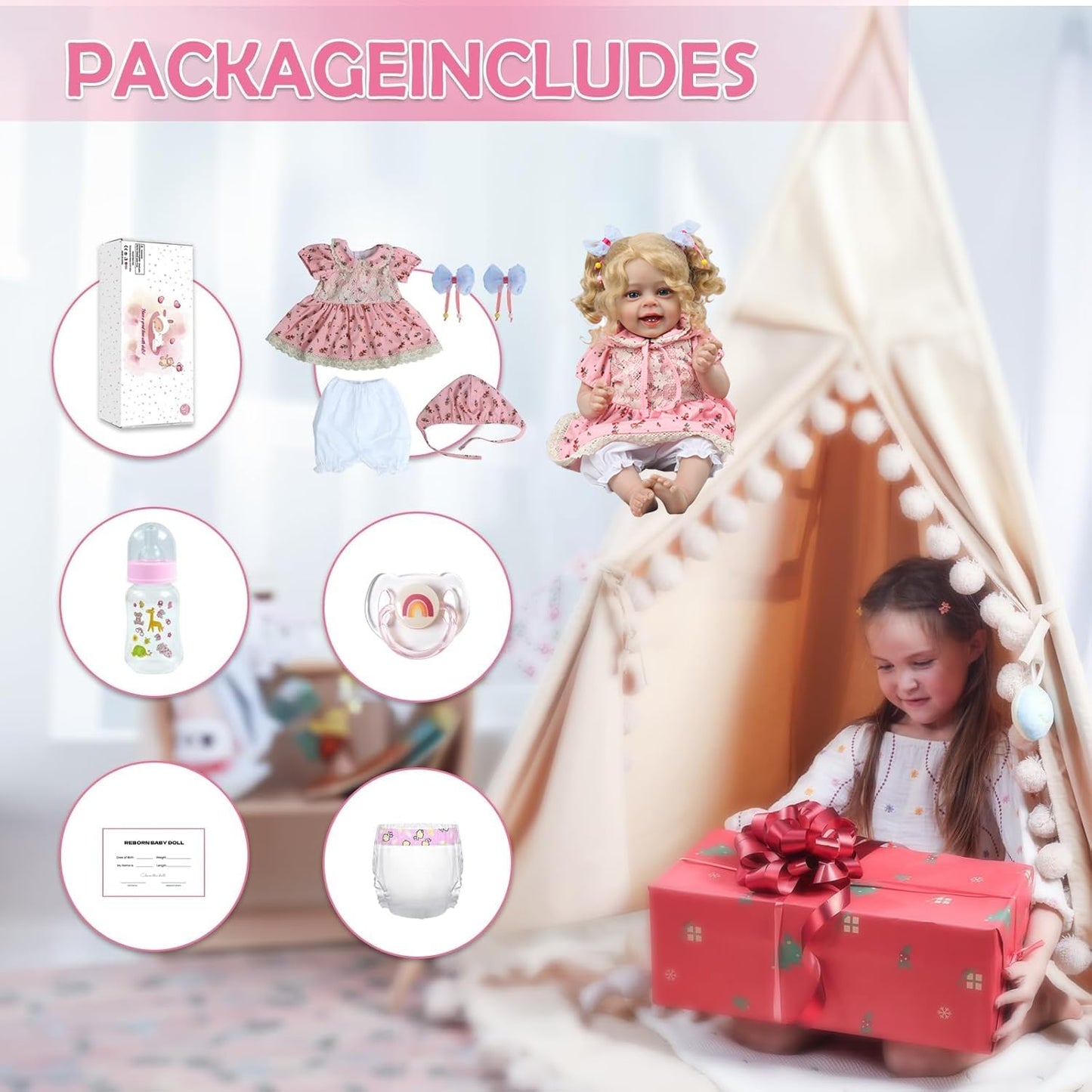 CHAREX Realistic Reborn Baby Doll Girl – 20 Inch Lifelike Real Life Handmade Newborn Toddler, Soft Cuddly Weighted for Pretend & Creative Playtime, with Blond Hair Accessories Gift Set for Kids Age 3+