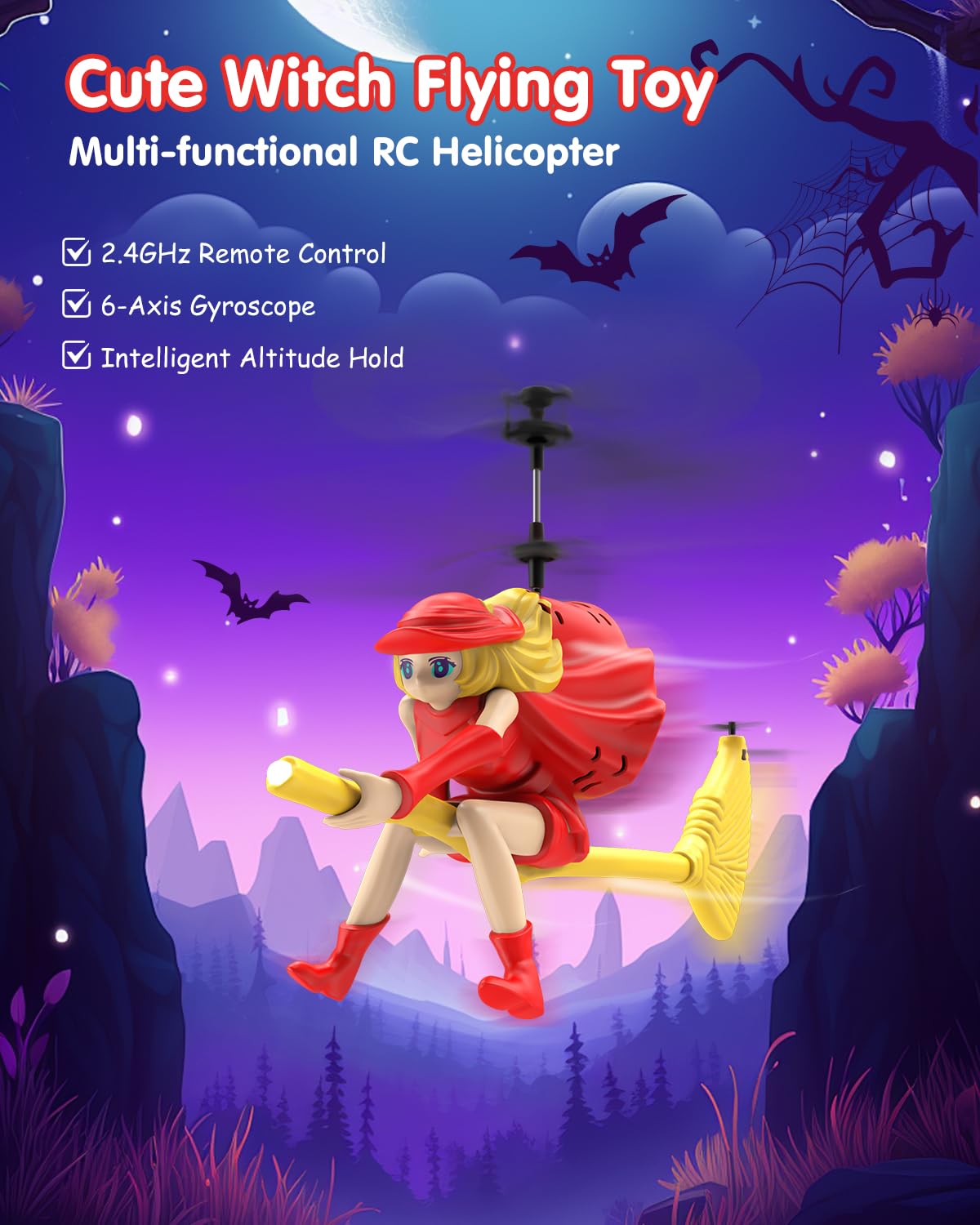 NEVZAN RC Helicopter Toy for Girls, Flying Witch Remote Control Helicopter with LED Lights, Indoor Outdoor Flying Toy for Kids, Cute Cartoon Gifts for Girls Age 6+
