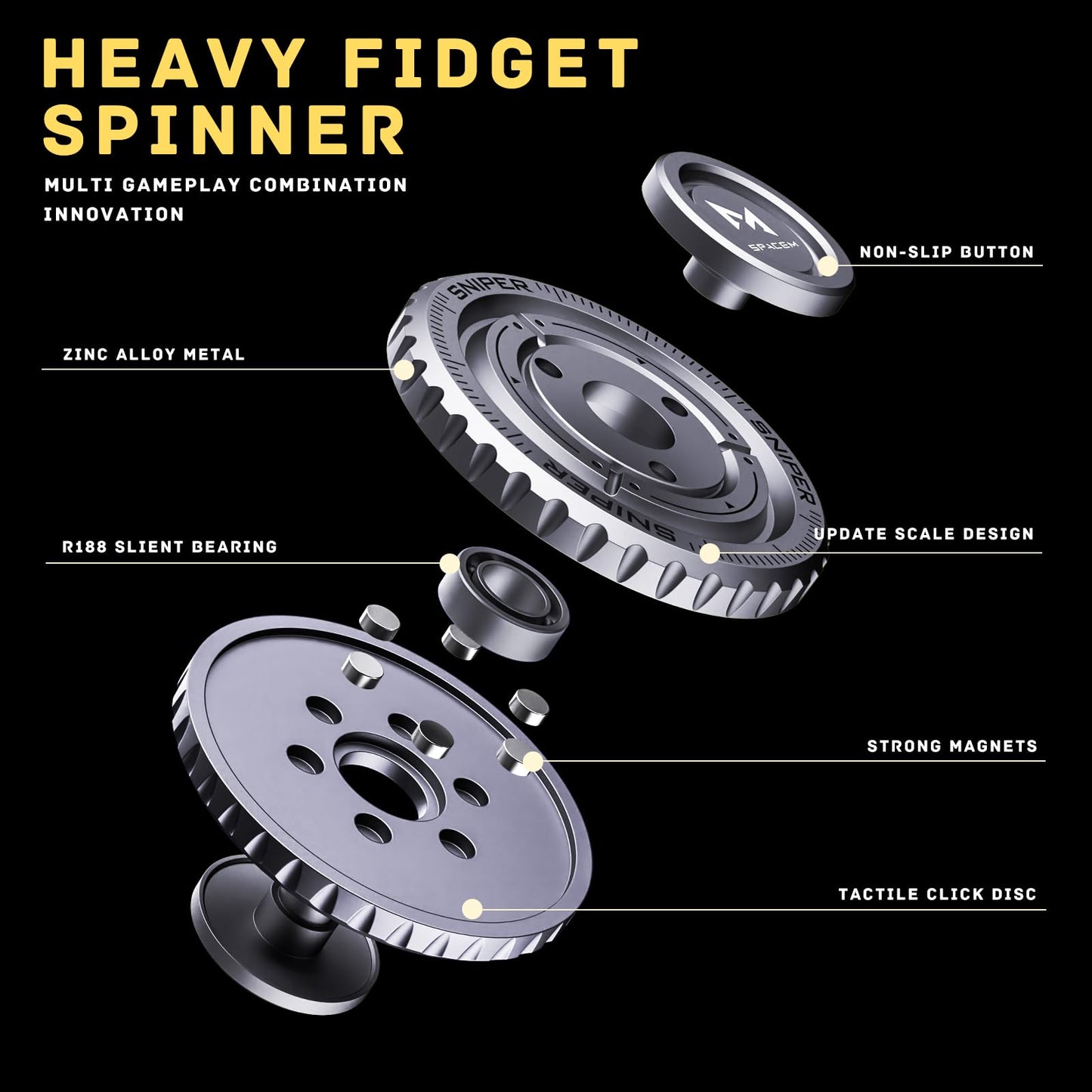 Fidget Spinner 2-in-1 Toy for Adults Kids, Metal Fidget Toy with Stainless Steel Bearing for High Speed Silent Spin & Sliding Sensory Haptic, ADHD Autism Stress Relief Anxiety Reducer for Office Desk