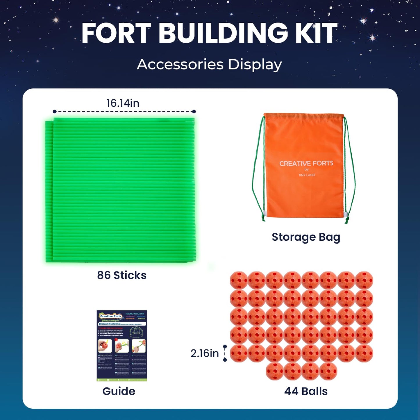 Tiny Land Glow Fort Building Kit for Kids Creative Fort Indoor & Outdoor Construction Toys with 86 Rods and 44 Balls for 5-12 Year Old Boys & Girls STEM Building Toy Gifts with Storage Bag