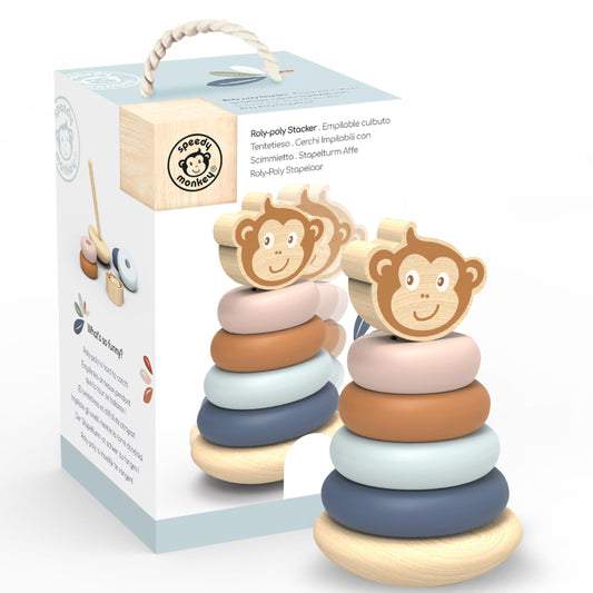 SPEEDY MONKEY Roly Poly Stacker Toy for Toddlers | Wooden Stacking Toy for Baby Boys & Girls | FSC-Certified Wobble Base with Colorful Rings for Fine Motor Skills | Sensory Learning Gift for Kids 1-5