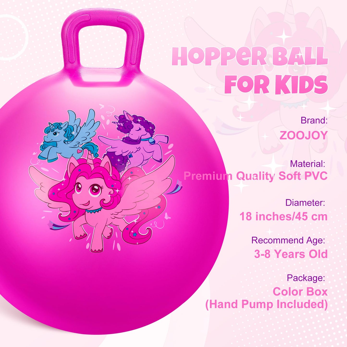 ZOOJOY Hopper Ball for Kids, 18 Inch Bouncy Ball with Handle, Pink Unicorn Balance Girls Toys for Indoor Outdoor Acitve Play with Pump, Inflatable Birthday Gifts for Girls Boys 3-8 Yr Old