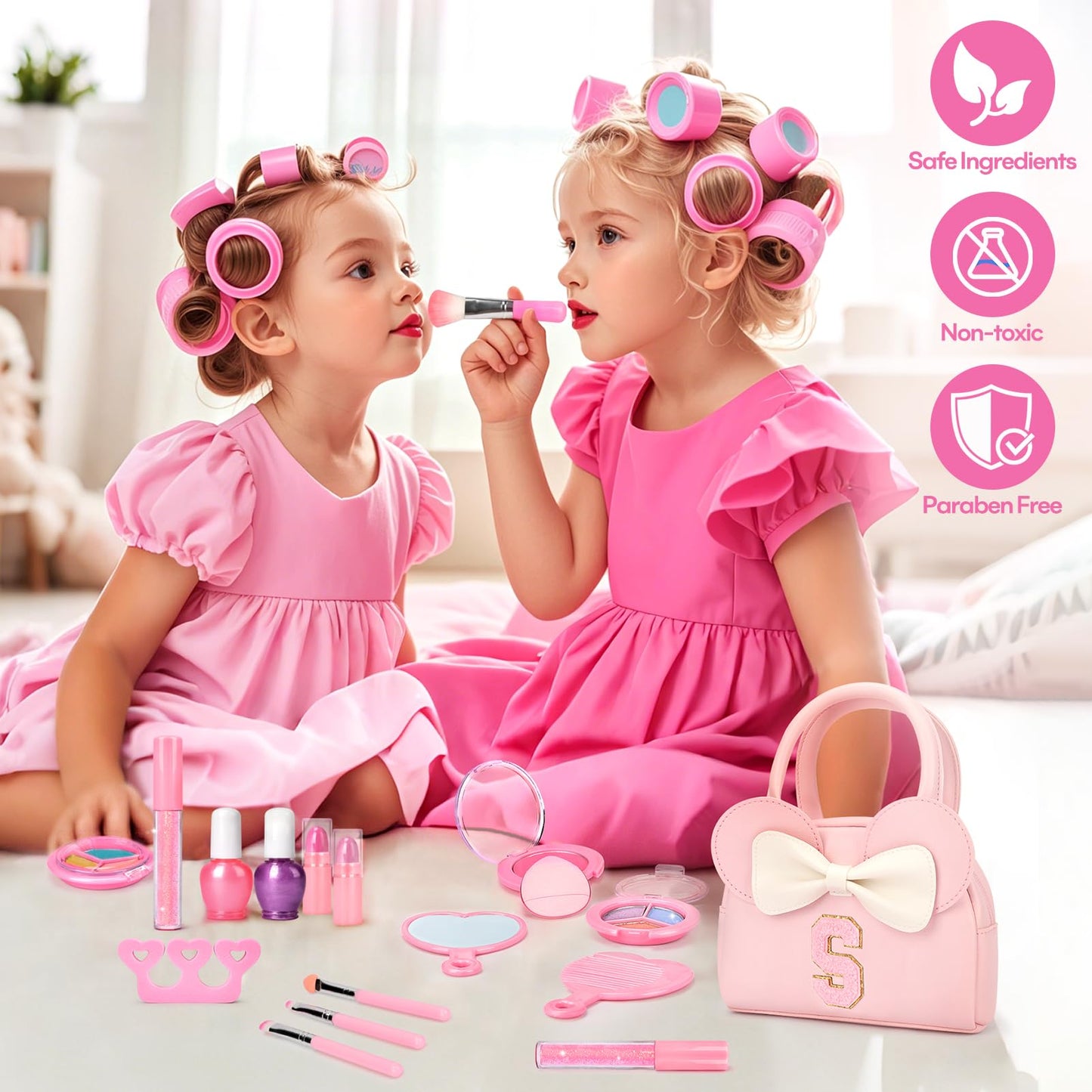 Kids Real Makeup Kit for Girls - 18Pcs Non-Toxic Washable Make Up Toys with Initial Toddler Purse - Personalized Birthday Gifts for Age 3 4 5 6 7 8 9 10 Years Old Girls Vanity Set - S