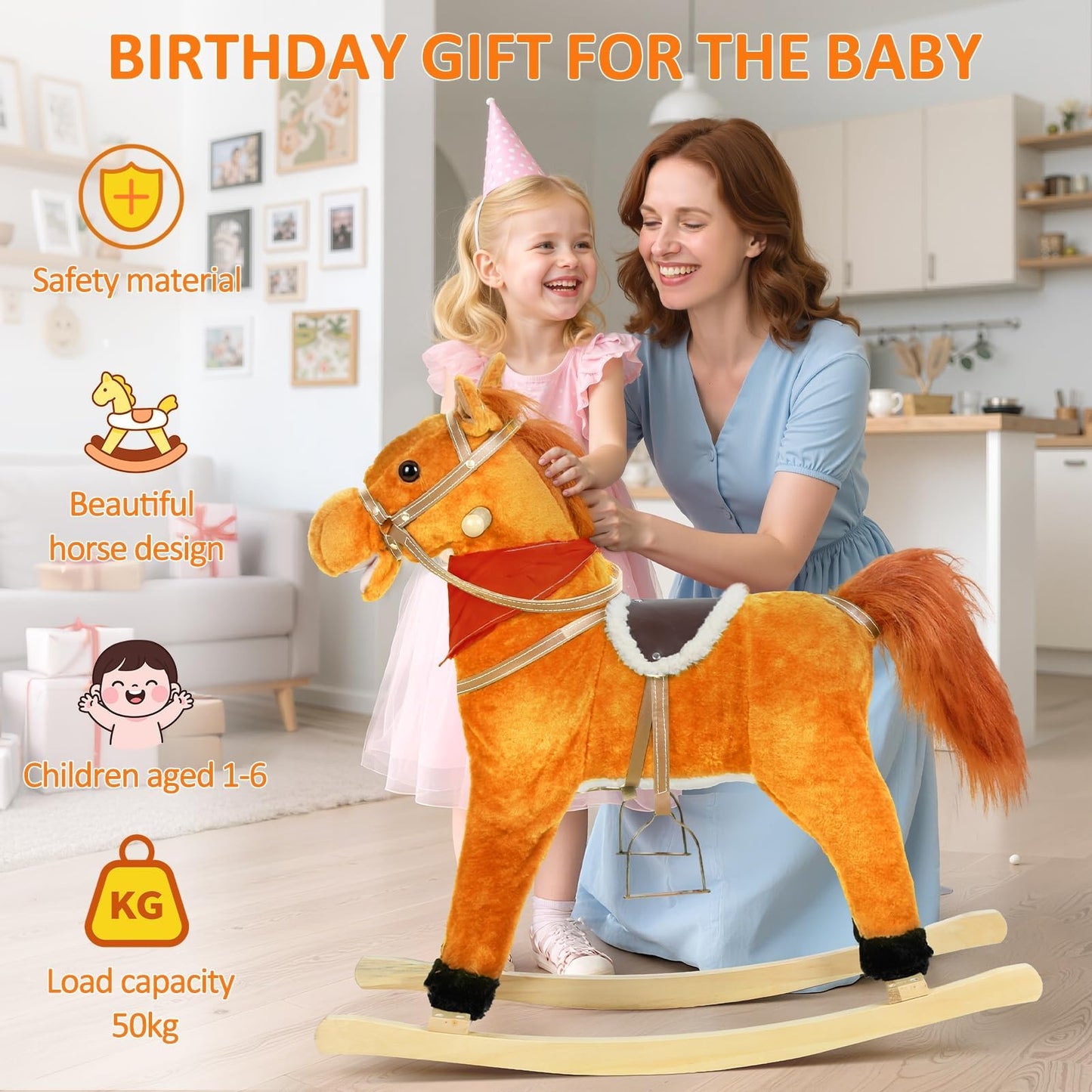 JENPECH Rocking Horse Toy for Kids Plush Ride on Animal with Wooden Rockers, Moving Mouth and Wagging Tail, Musical Sounds, Baby Rocking Chair, 120kg Weight Capacity, Ages 1-6 Light Brown Middle