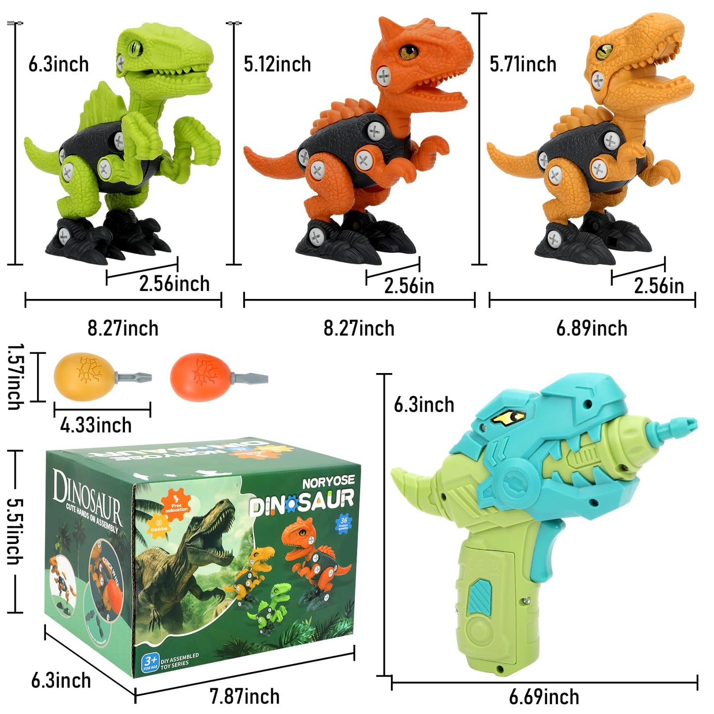 NORYOSE Dinosaur Toys for 3, 4, 5, 6, 7, 8 Year Old Boys, Kids Take Apart Toys with Electric Drill STEM Construction Building Educational, Party Christmas Birthday Gifts for Boys Girls