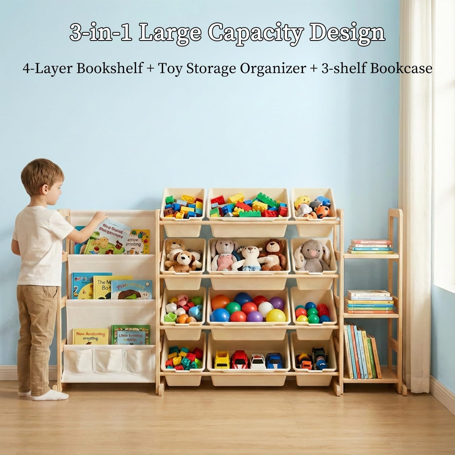 Toy Storage Organizer, 3-in-1 Extra Large Toy Storage with 12 Bins and 3 Side Shelves, 4-Tier Bookshelf, Toys Box for Bedroom Nursery Kids Room Organization, Toddler Playroom Organization Essentials