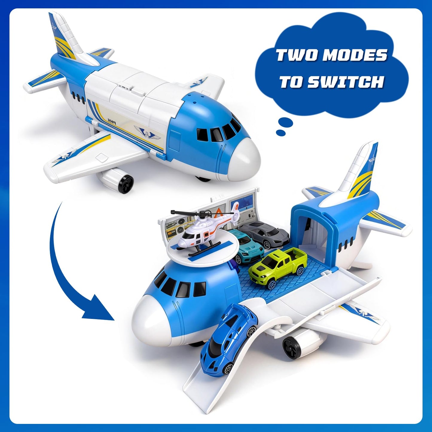 Airplane Toys for Toddlers 1-3-5,Toy Airplane Transport Aircraft with Cars & Helicopter & Play Mat & Stickers,Plane Toys for Boys Girls Age 1 2 3 4 5 6 7 Birthday