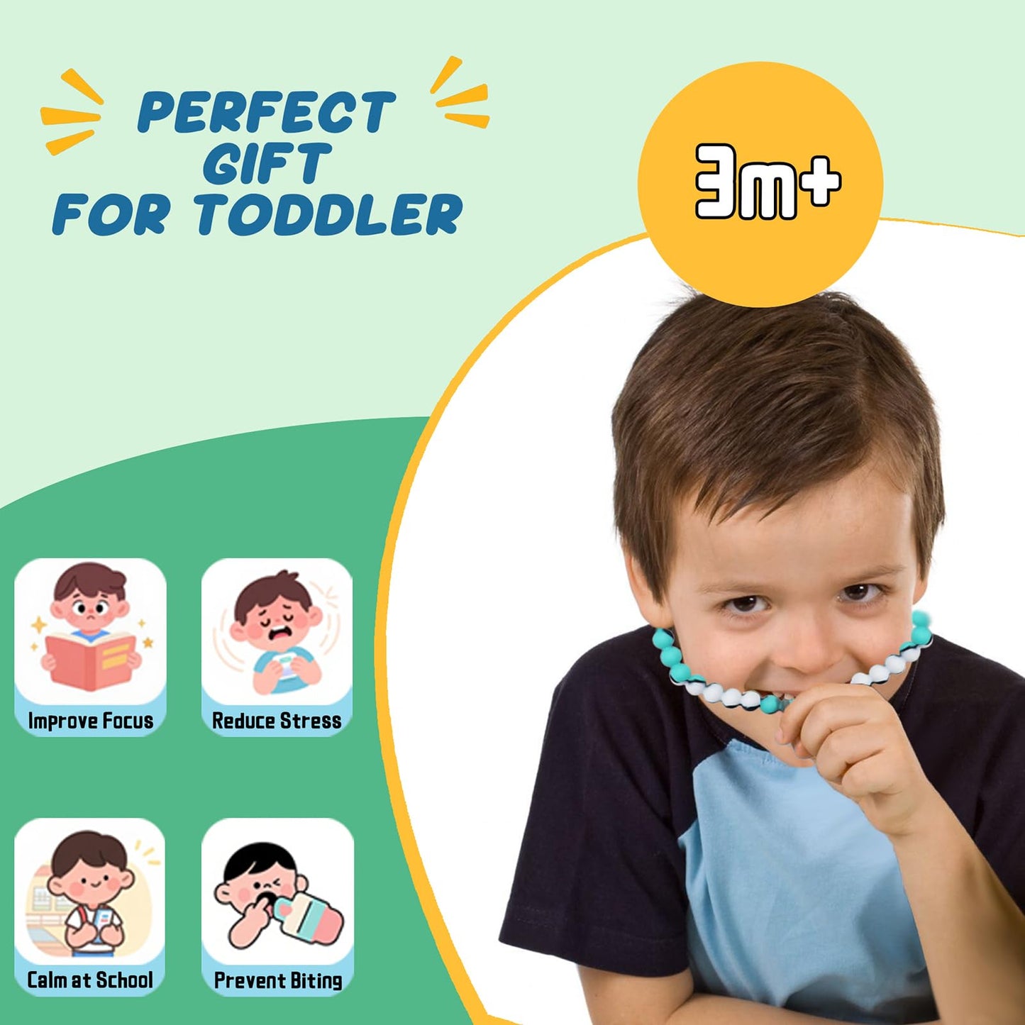 Chew Necklaces for Sensory Kids, 2 Pack Chewy Necklace Sensory to Reduces Anxiety and Stress, Integrated Safety Design Teething Necklace for Baby, BPA Free