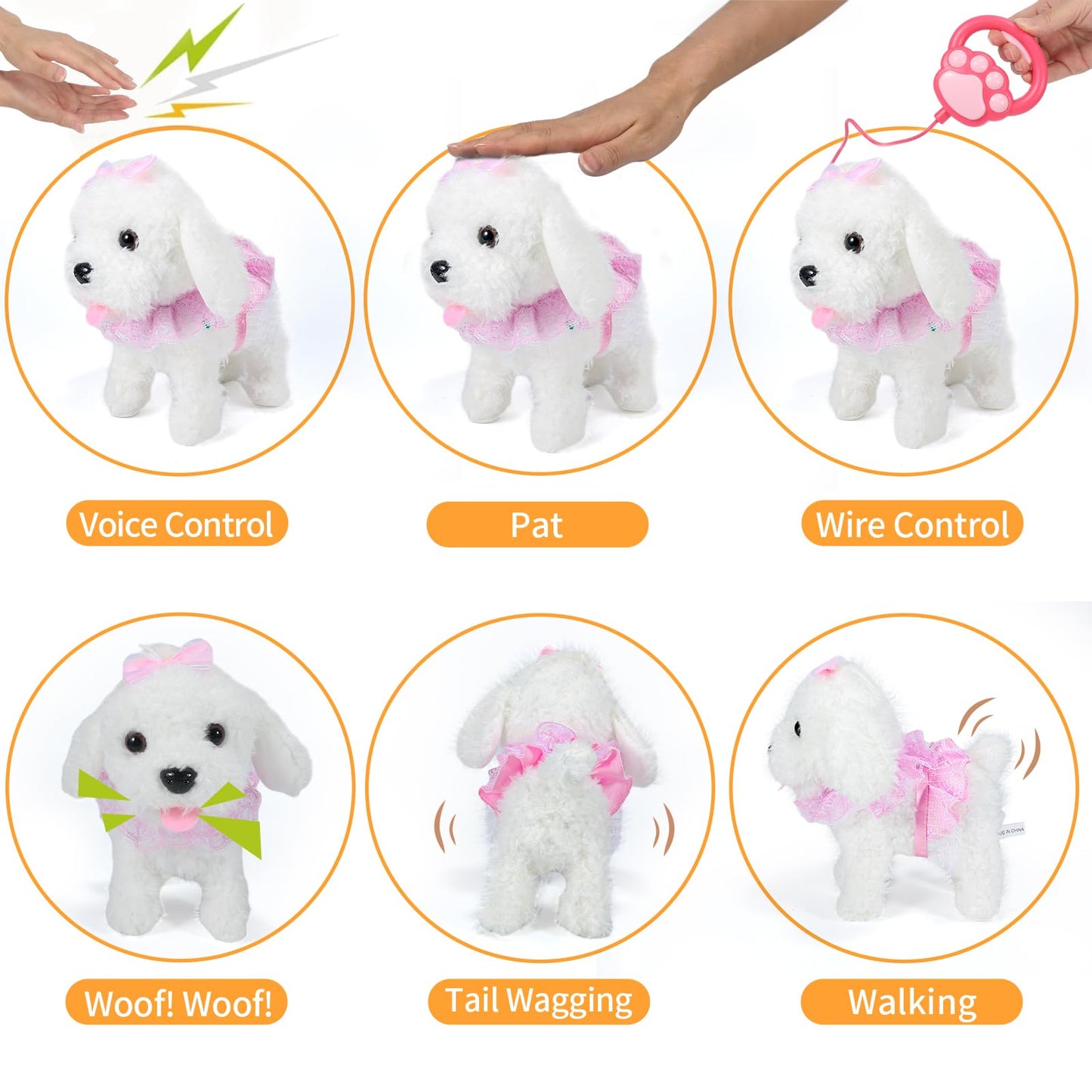 GOBRILLFUN Remote Control Robot Dog, Electronic Plush Puppy Dog Toy, Interactive Toys, Walks, Barks, Shake Tail, Stuffed Animal Gift for Girl and Boy Age 3-6 Year Old (White)