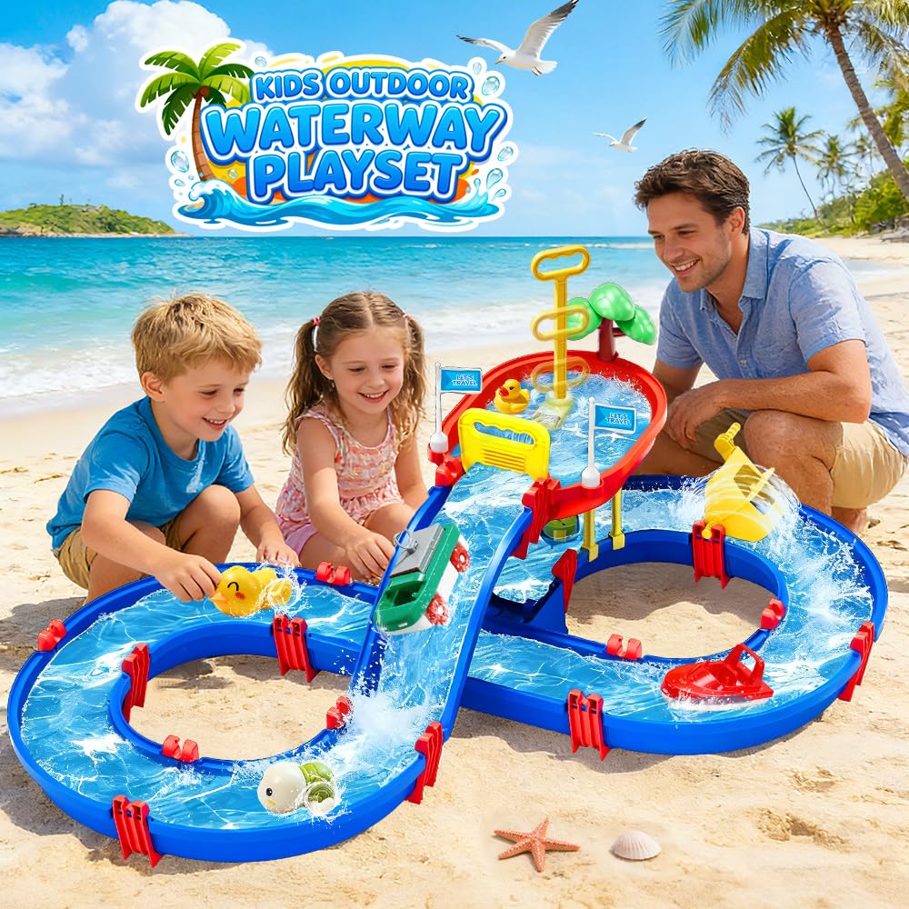 VATOS 2-Tier Outdoor Water Table Toys for Kids, 61PCS DIY Summer Waterways Playset with Pump, Toddler Water Park Toys for Pool Backyard Beach, Sensory Activity Fun Toy Gift for Boys Girls 3-5 4-8