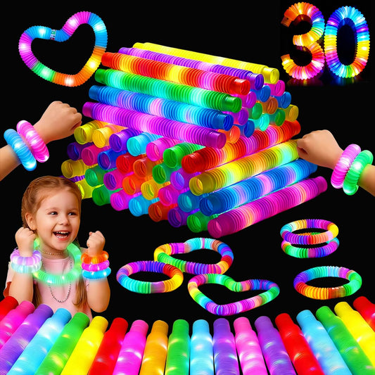 ProlPings 30 Packs Light Up Pop Tube,Glow Sticks Bulk Party Favors for Kid Glow in Dark Party Supplies Glow Fidget Tubes Sensory Toy bulk Stretchy Tubes for Adult Stress-Relief Birthday Wedding
