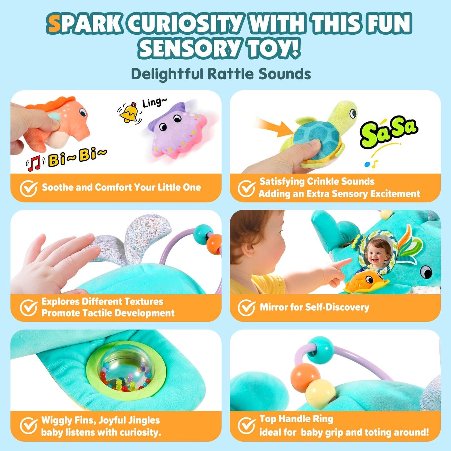 FREYBLI Baby Toys 6-12 Months - Soft Ocean Adventure Toy with Rattle, Crinkle Paper, Squeaker, Mirror - 6 Month Old Baby Toys Boy Girl Gifts, Baby Sensory Montessori Toys for 6 Month Old Infant Toys
