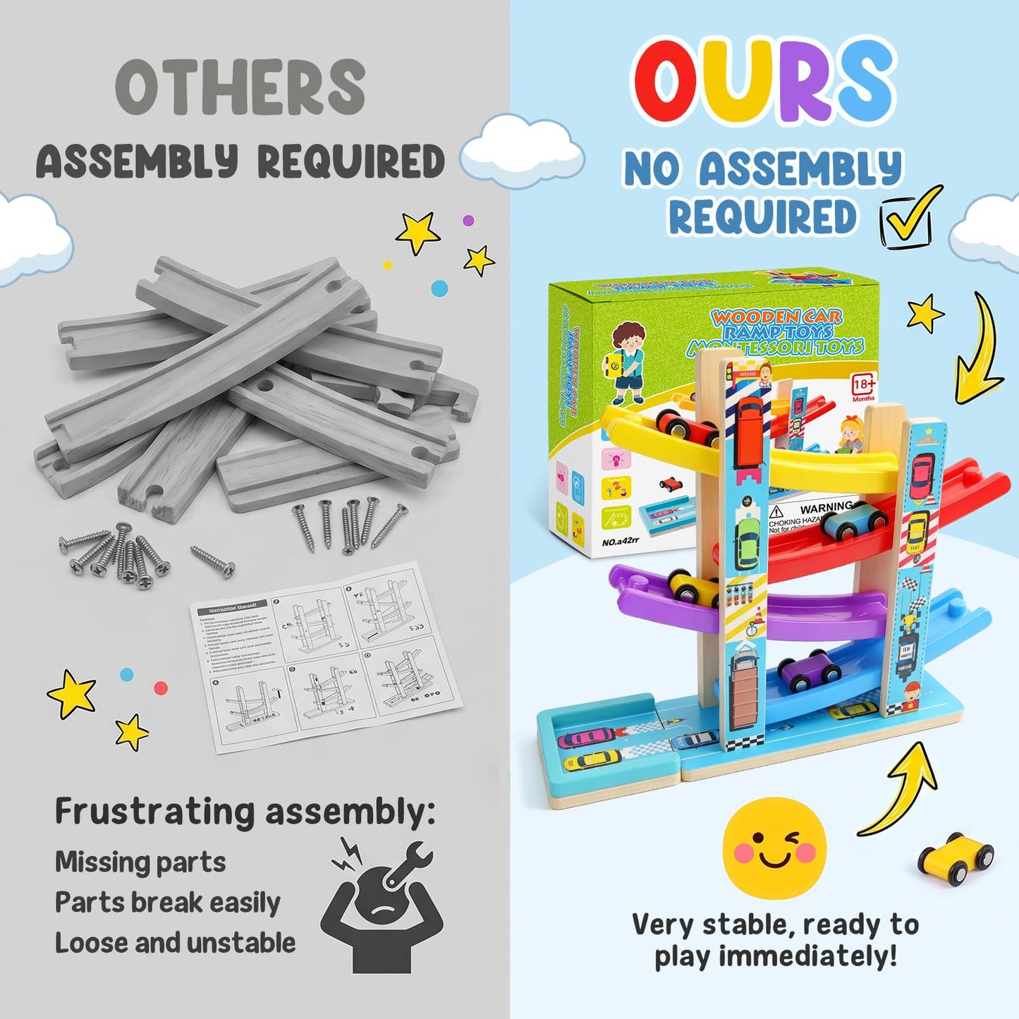 Montessori Toys for Toddlers, Children Race Track Toy with 4 Cars and 1 Wooden Parking Lot, Stable Base, Car Ramp Toy for 1 2 3 Year Old Boy Girl Gifts