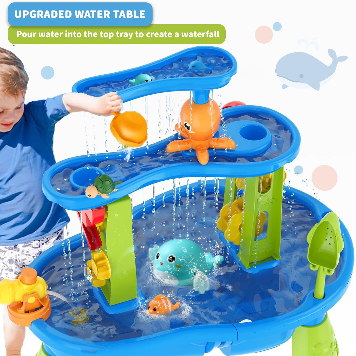 YAZ&OUZ Water Table for Toddlers 1-3, 3-Tier Kids Water Table, Water Tables for Toddlers 3-5 Features Swimming Crabs & Dolphins, Rain Showers Splash Pond, Activity Sensory Play Table for Boys Girls
