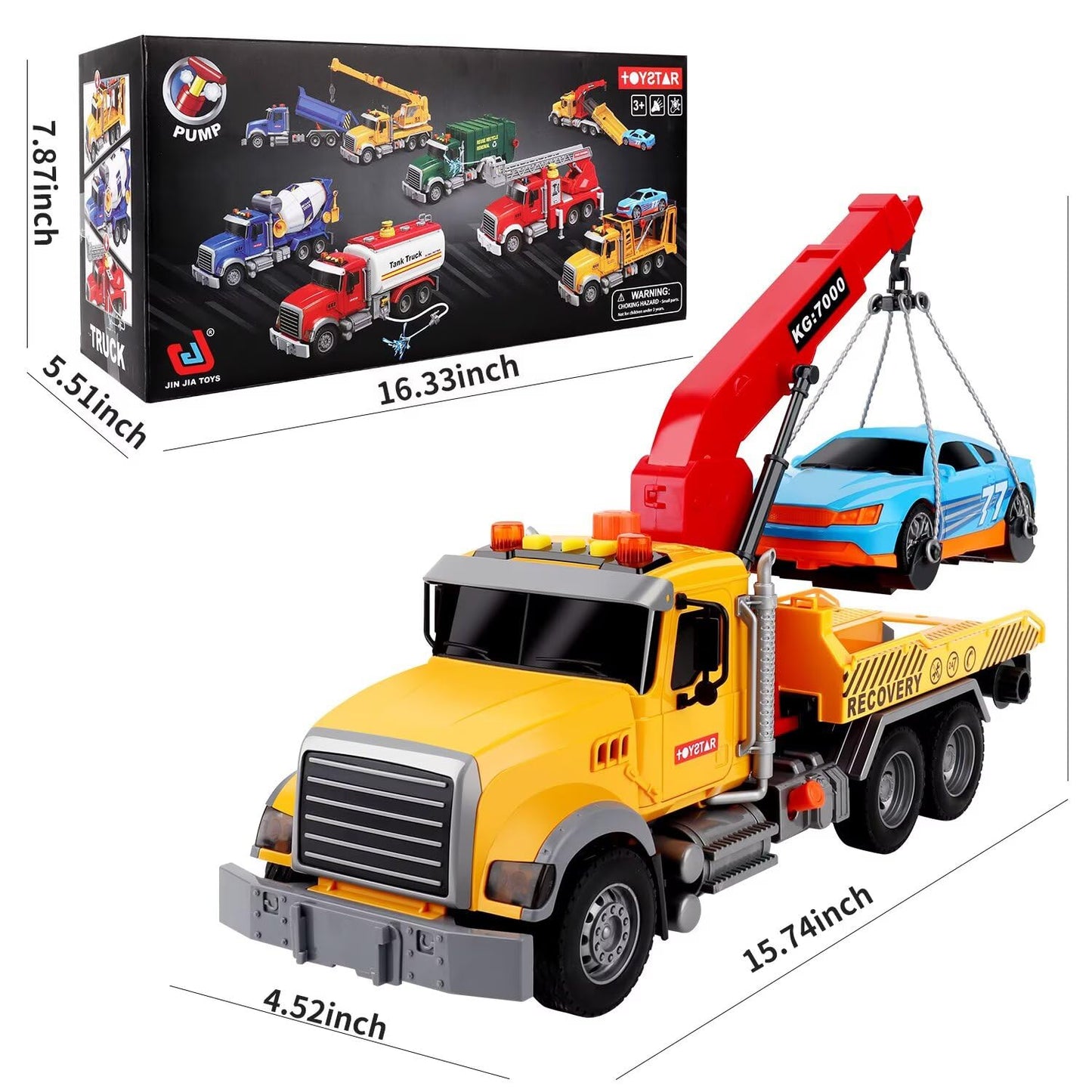 Dwi Dowellin Kids Toys for 3 4 5 6 7 Years Old Boys, 15" Large Tow Truck Toy,Friction Powered Transport Truck Crane Toy with Lights and Sounds,with Roadster,Toddlers Gifts