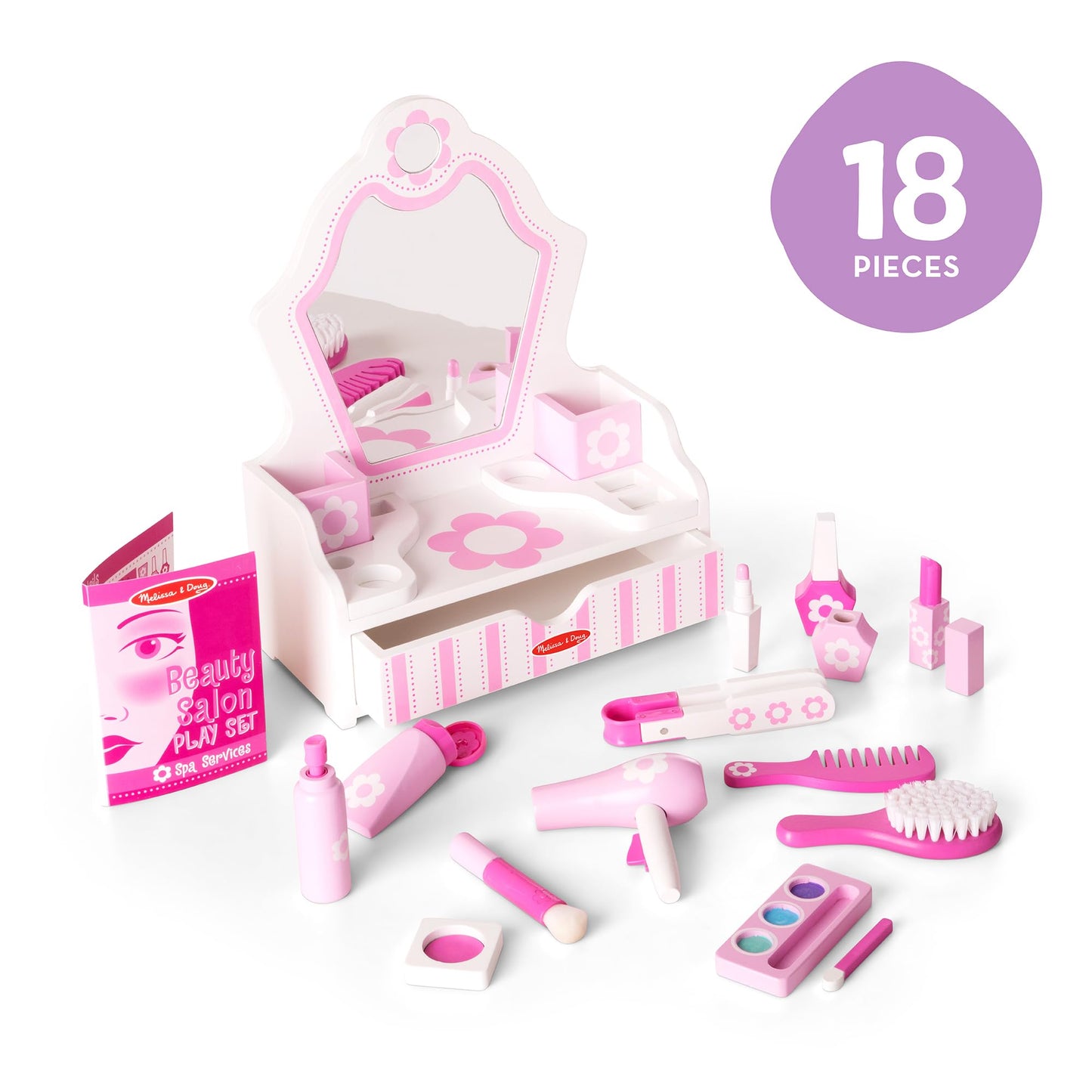 Melissa & Doug Wooden Beauty Salon Play Set, 18-Piece Vanity with Pretend Play Toys, Makeup, Mirror, Accessories & More, Preschool Toys for Girls & Boys Ages 3+ - FSC Certified