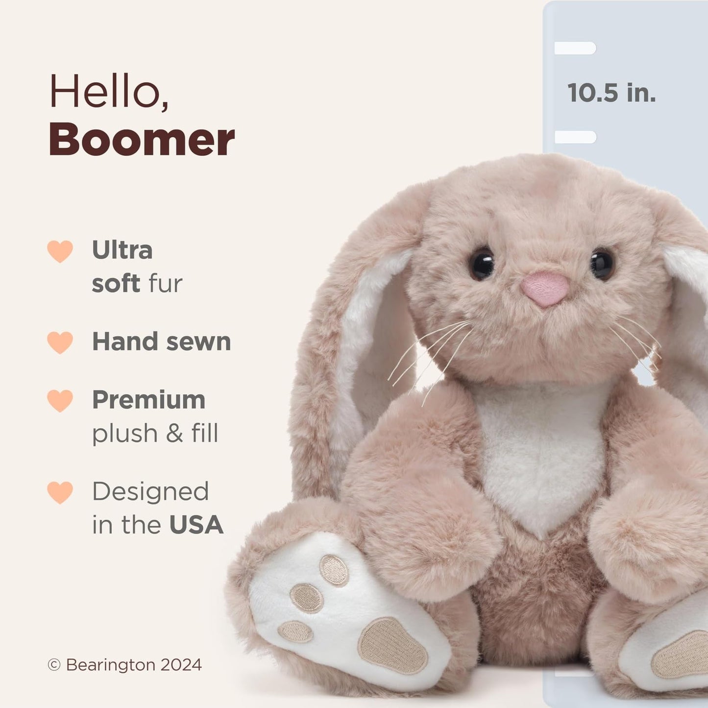 Bearington Boomer Easter Bunny Stuffed Animal - 10.5" Premium Soft Plush Easter Stuffed Animals for Everyday Cuddles and Playtime - Adorable Bunny Rabbit Plush Gift for Babies, Toddlers, and Kids