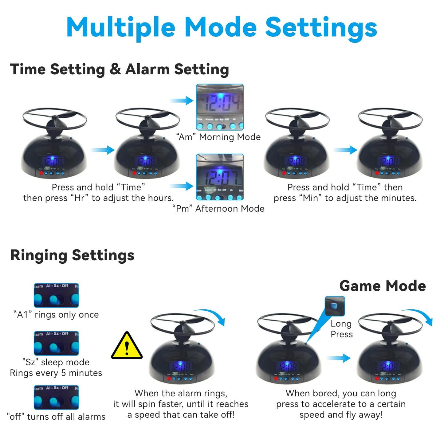 Flying Alarm Clock with Helicopter Propeller – Moving Alarm Clock on Wheels for Heavy Sleepers, Digital LED Run Away Gadget Clock, Creative Gift for Bedroom & Office Use