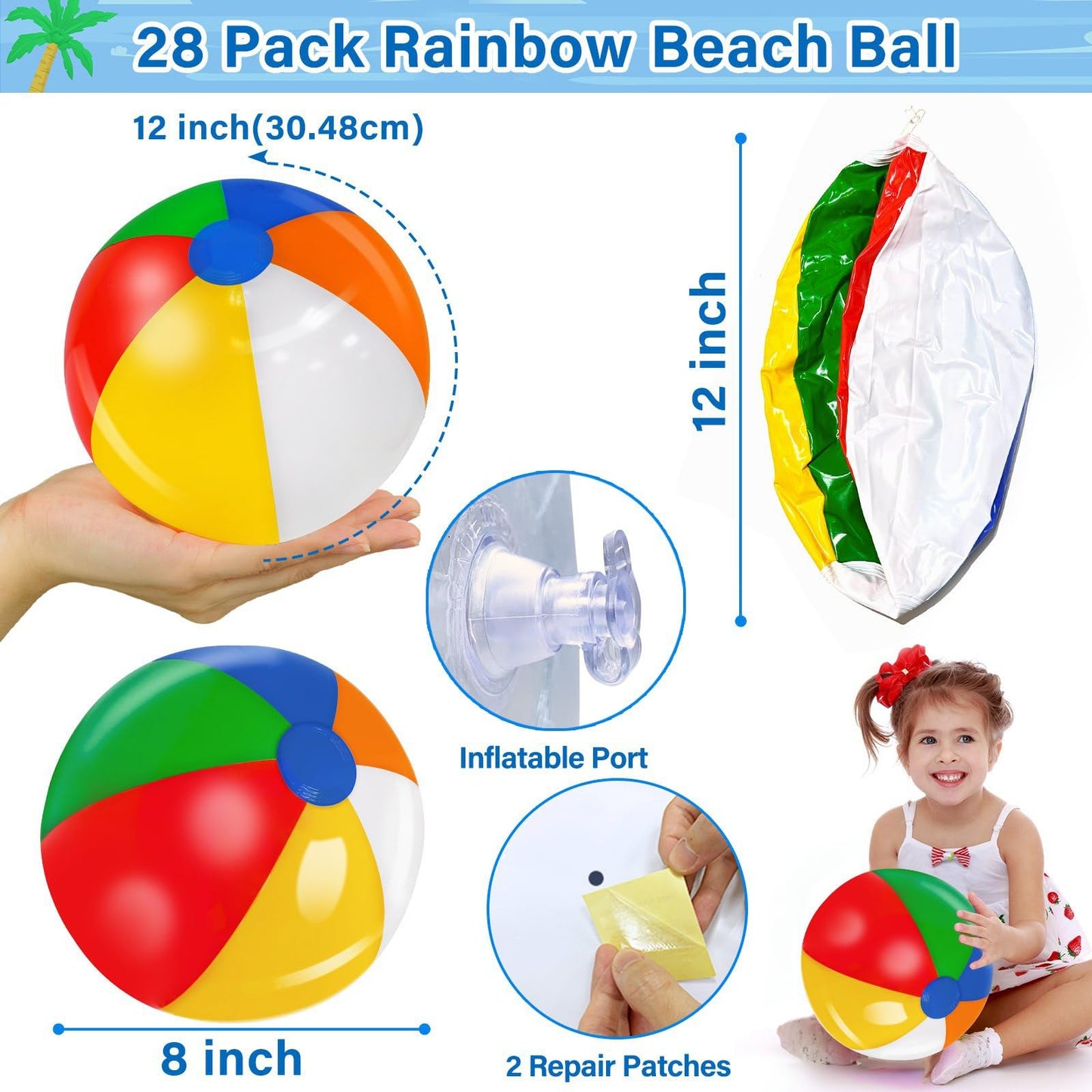 28 Pack 12 Inch Rainbow Beach Balls Bulk, Inflatable Swimming Pool Toys Beach Ball for Kids Birthday Party Favors Outdoor Summer Games Hawaiian Tropical Luau Themed Pool Party Decorations