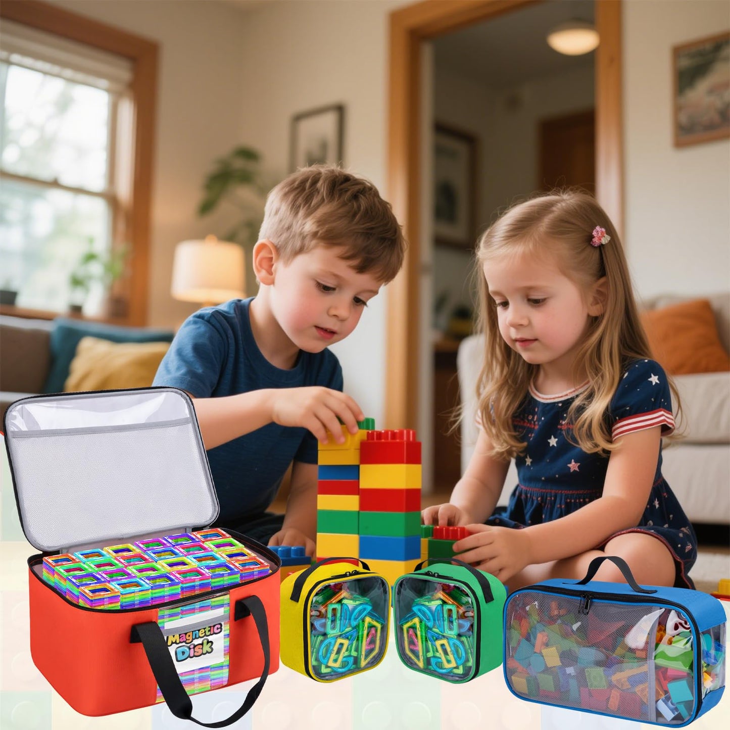 Wigojoy 4 PCS Magnetic Tiles Storage Bag, Toy Storage Bags With Visual Top Flap, Label Pocket and Mesh Pockets Fit for LEGO, Building Blocks, Magnetic Tiles, Toy Cars