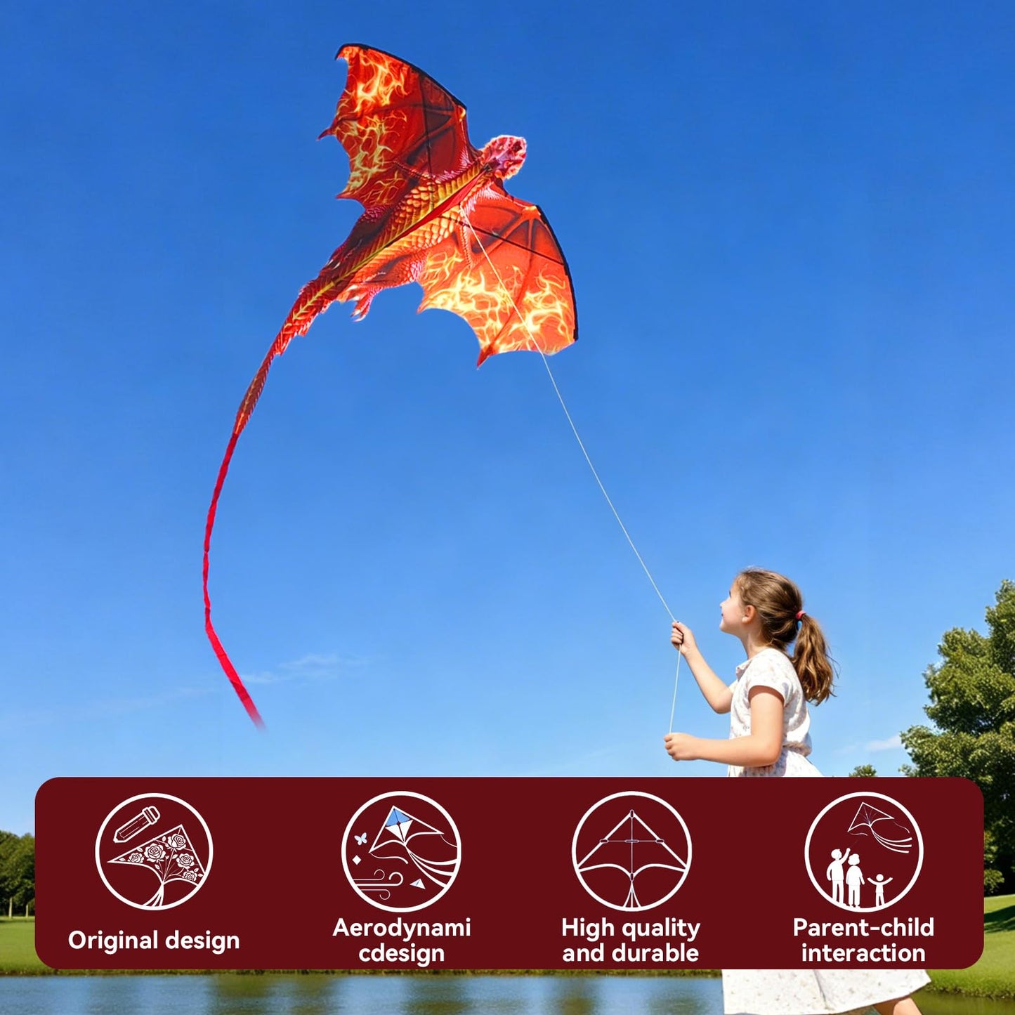 FejoHify Large Dragon Kite for Kids and Adults, Easy to Fly with 300ft String, Perfect for Beach, Park, Outdoor Activities, Gift for Boys Girls.(Fire)