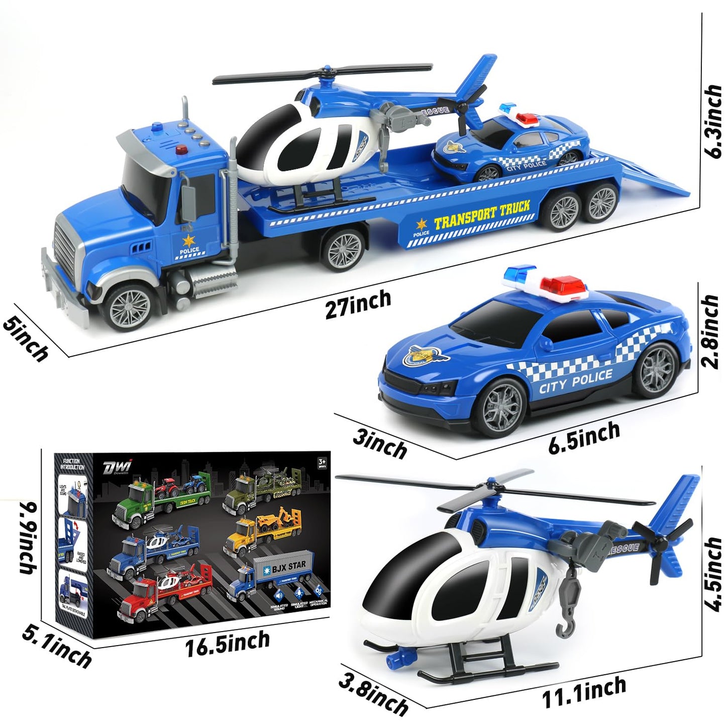 Dwi Dowellin 27" Large Friction Powered Police Truck Toy with Car and Helicopter,Semi Truck Toys for 3 4 5 6 Years Old Toddlers Kids Boys & Girls Gift