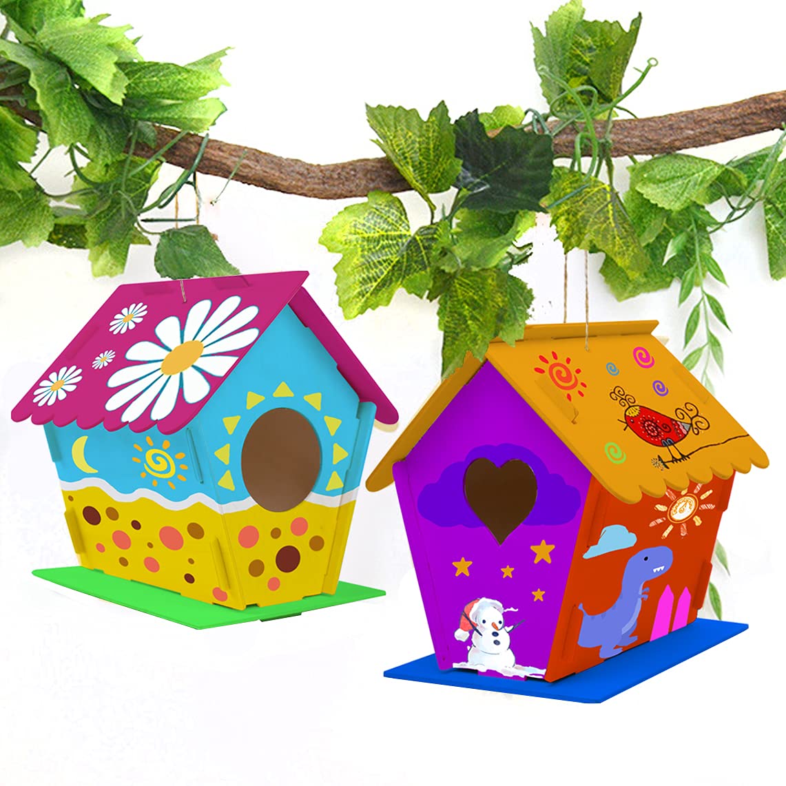 hapray 2 Pack Bird House Kit, DIY Birdhouse Kits, Wooden Crafts Arts for Children to Build and Paint (Includes Paints & Brushes) for Kids Girls Boys Toddlers Halloween Gifts