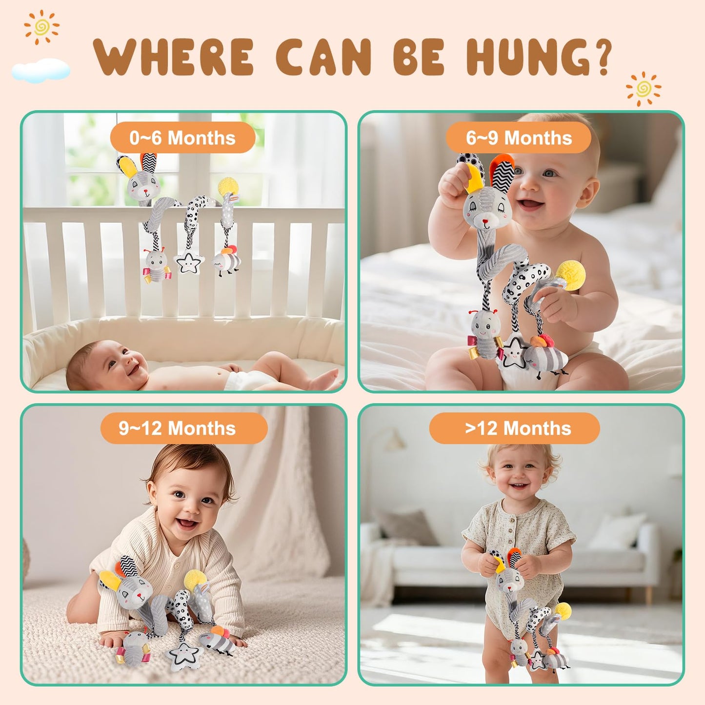 JINBOBUBU Baby Spiral Activity Toy, Stroller & Car Seat Hanging Toy for 0-12 Months, High Contrast Newborn Sensory Toy with Rattle & Crinkle Paper, Infant Travel Plush Toy for Crib Bassinet