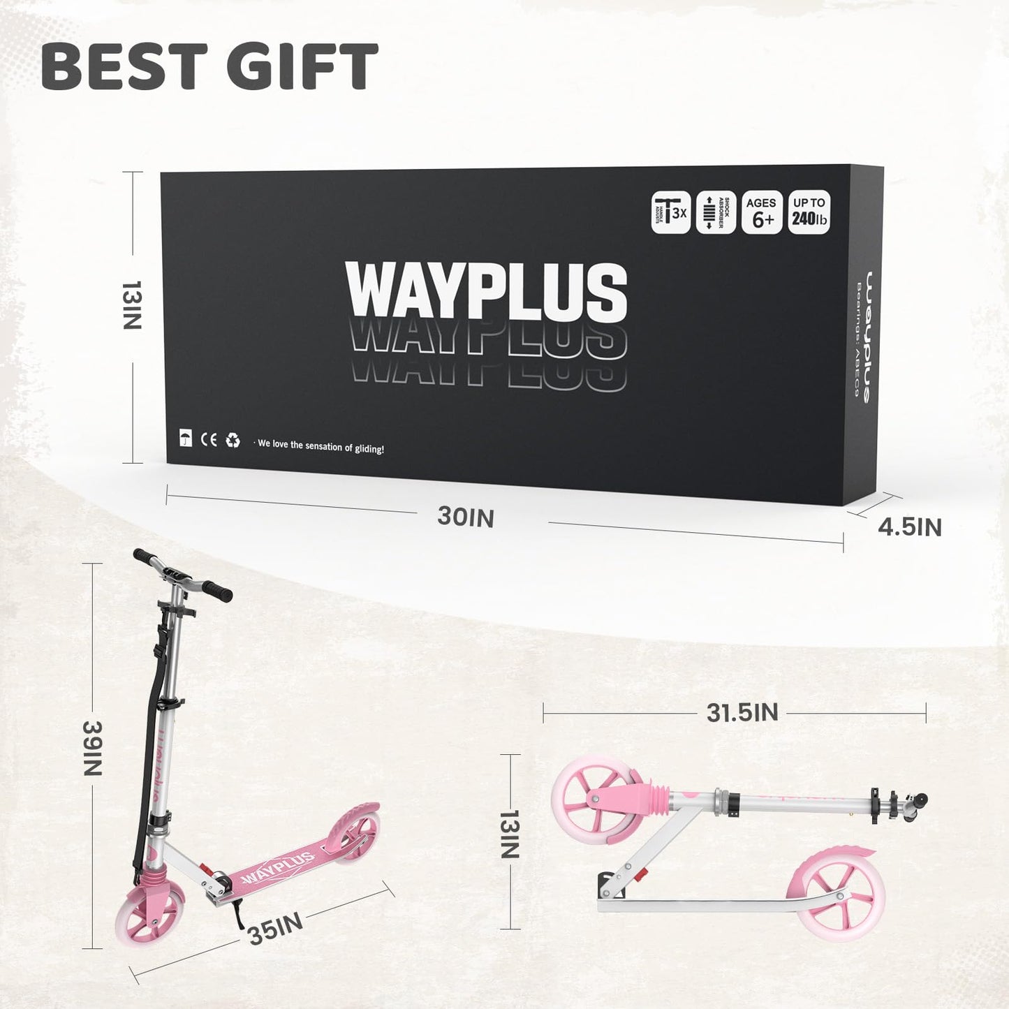 WAYPLUS Kick Scooter for Ages 6+,Kid, Teens & Adults. Max Load 240 LBS. Foldable, Lightweight, 8IN Big Wheels for Kids, Teen and Adults, 4 Adjustable Levels. Bearing ABEC9