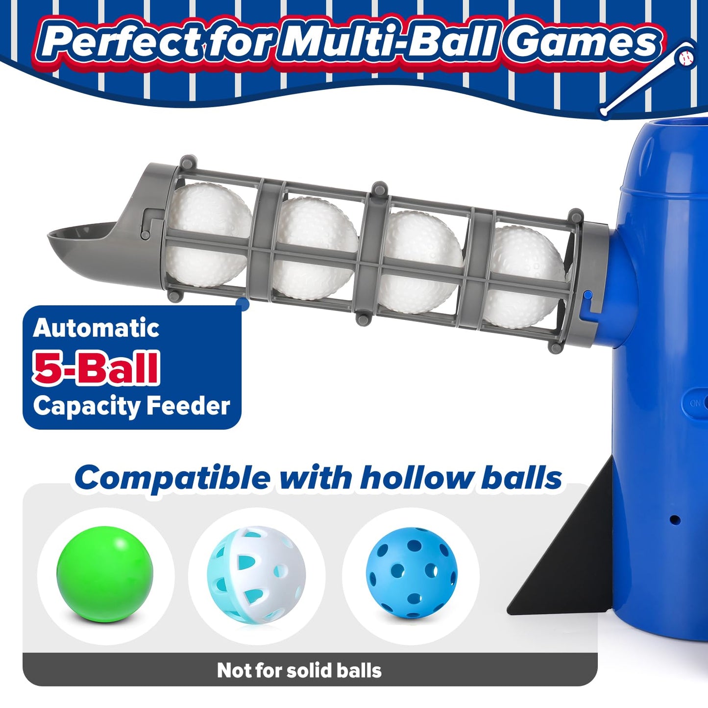 AuntyFey Auto Kids Baseball Pitching Machine, Automatic Baseball Launchers for Kids 6-8, Batting Practice Equipment with 5 Plastic Balls & Bat, Pop Up Tball Trainer, Blue