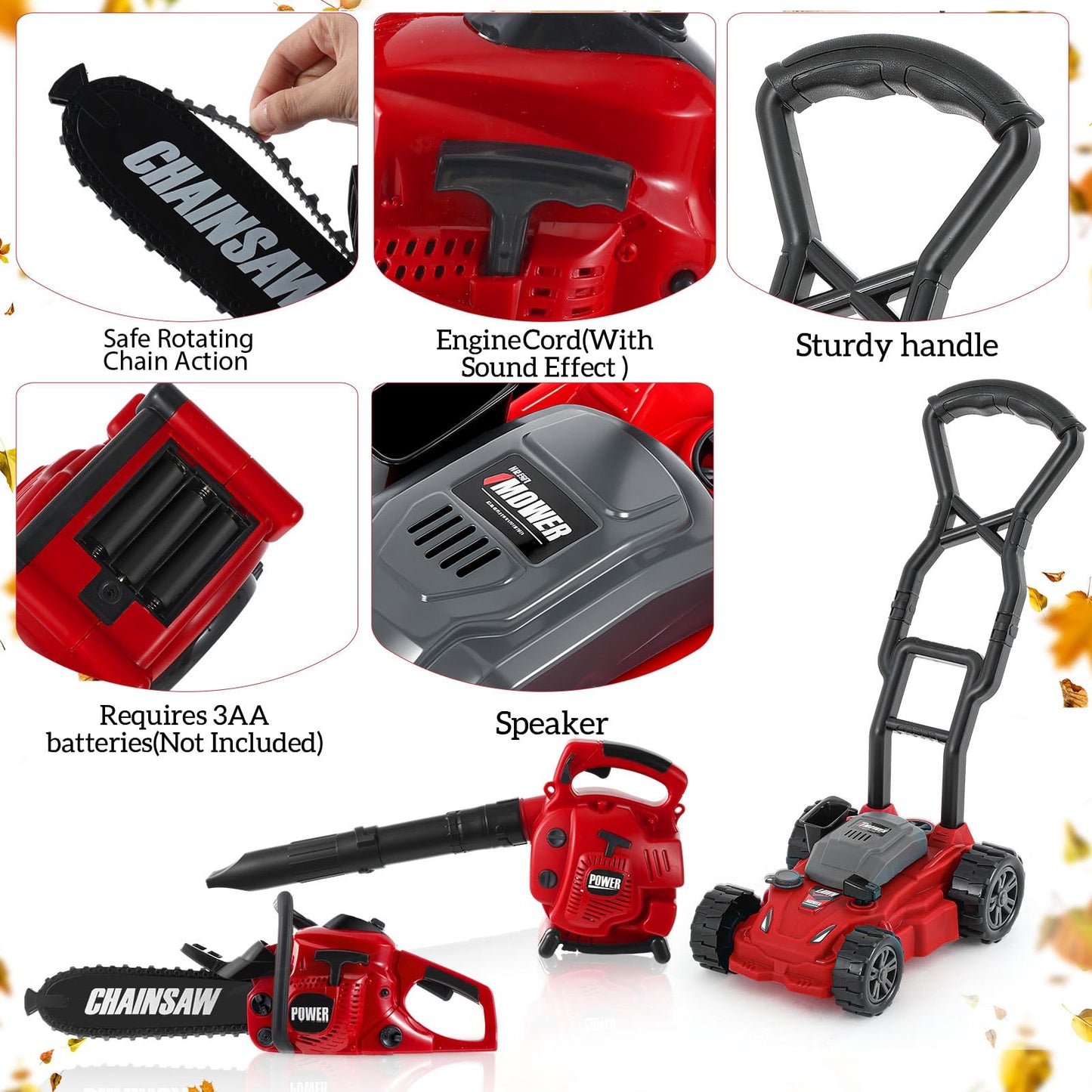 Arrowbash 3-in-1 Kids Gardening Toy Set, Toy Leaf Blower & Chainsaw & Push Lawn Mower with Realistic Sound, Outdoor Backyard Play Educational Learning Birthday Summer Gift for 3-8 Boys Girls