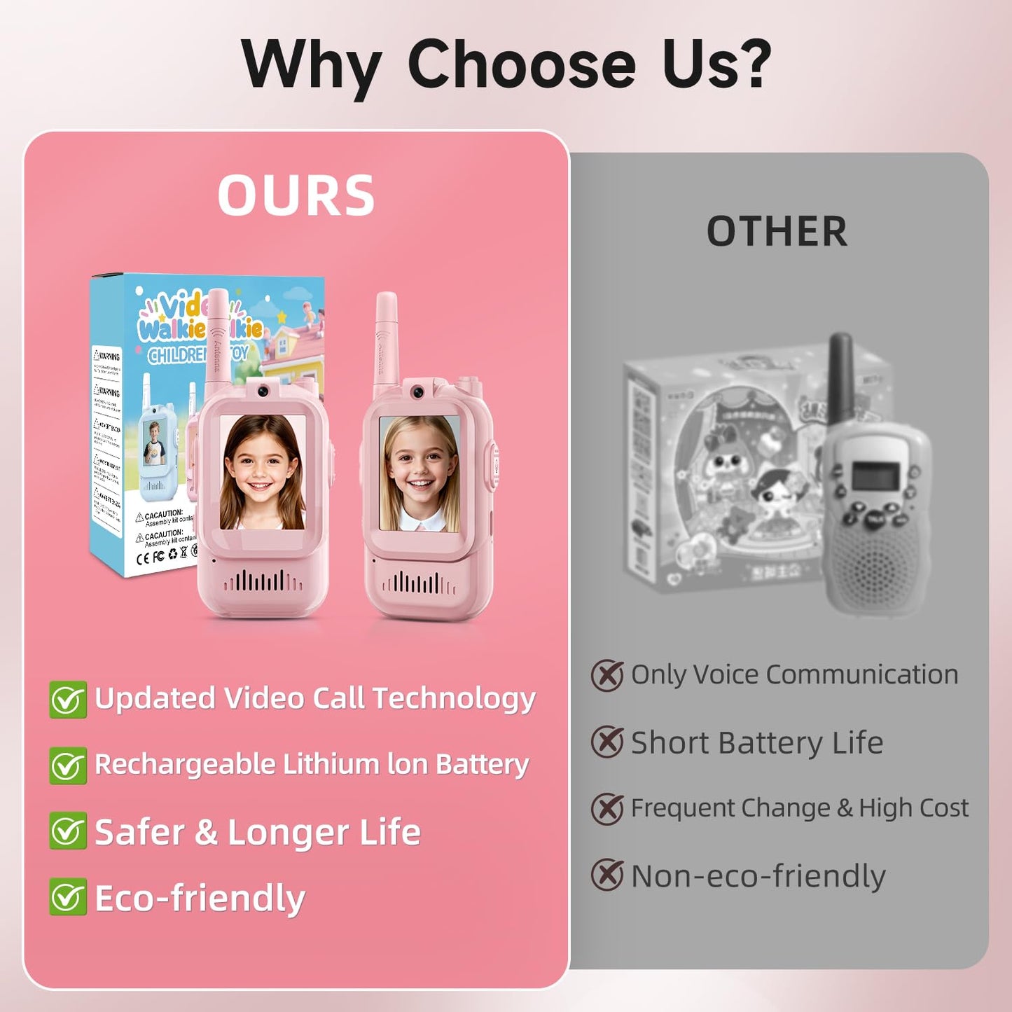 Video Walkie Talkies for Kids Ages 3-12, 2 Pack Rechargeable Video Intercom Toys with Camera, Indoor Outdoor Adventure Games for Family Camping Hiking Birthday Gifts for Boys Girls (Pink/Pink)
